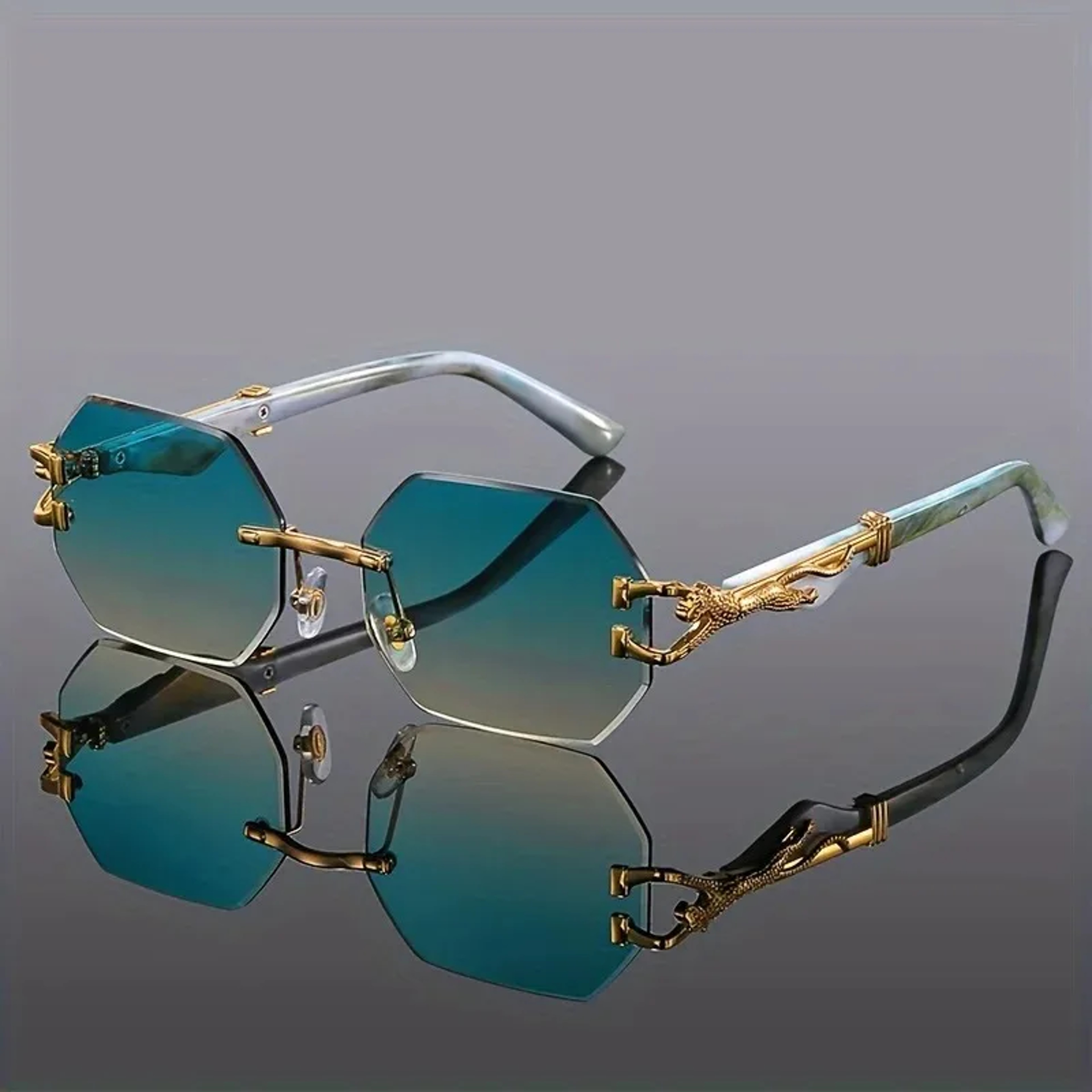 Vintage Rimless Sunglasses Polygon Metal Frame Unisex Fashion Shades with Leopard Temples – view 8