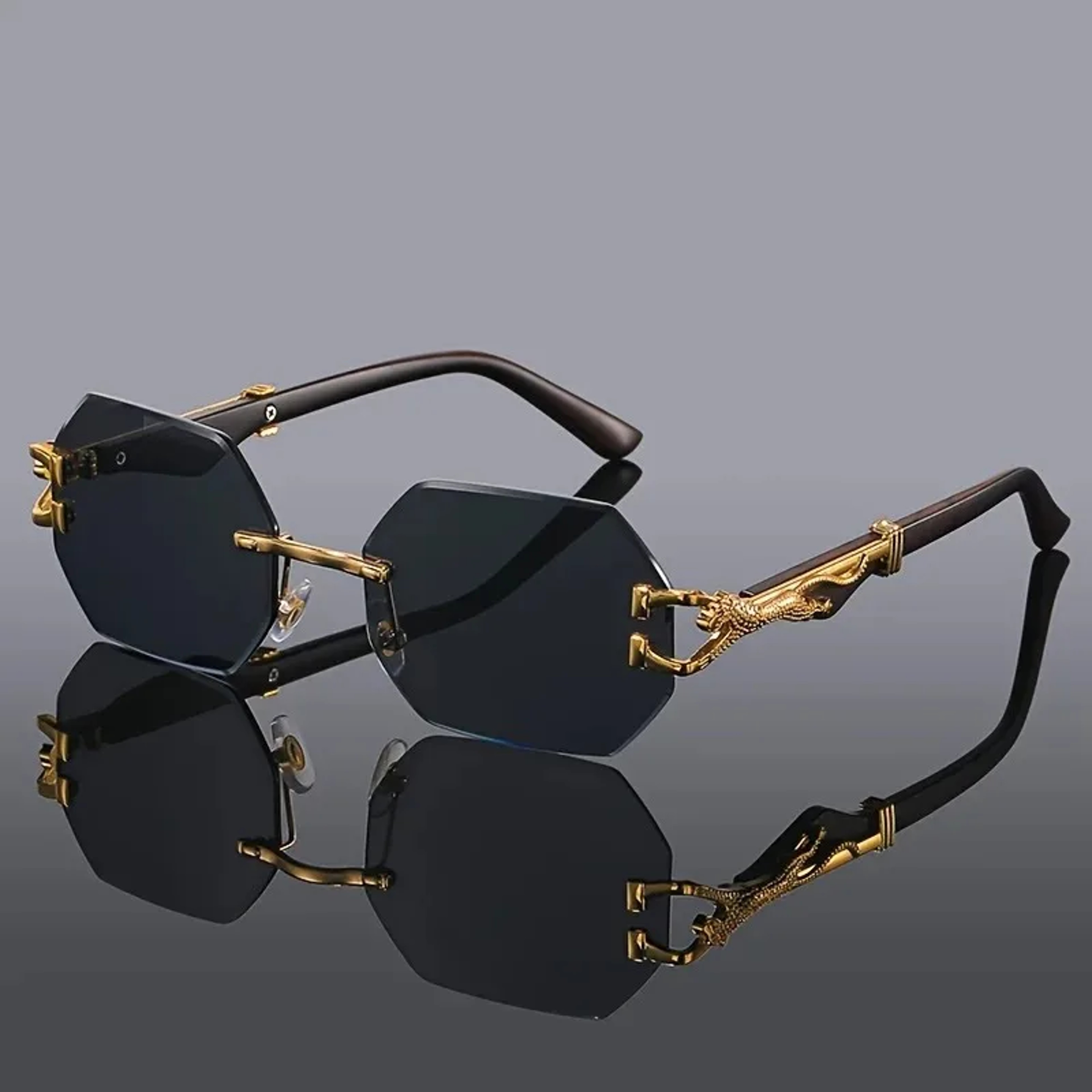 Vintage Rimless Sunglasses Polygon Metal Frame Unisex Fashion Shades with Leopard Temples – view 9