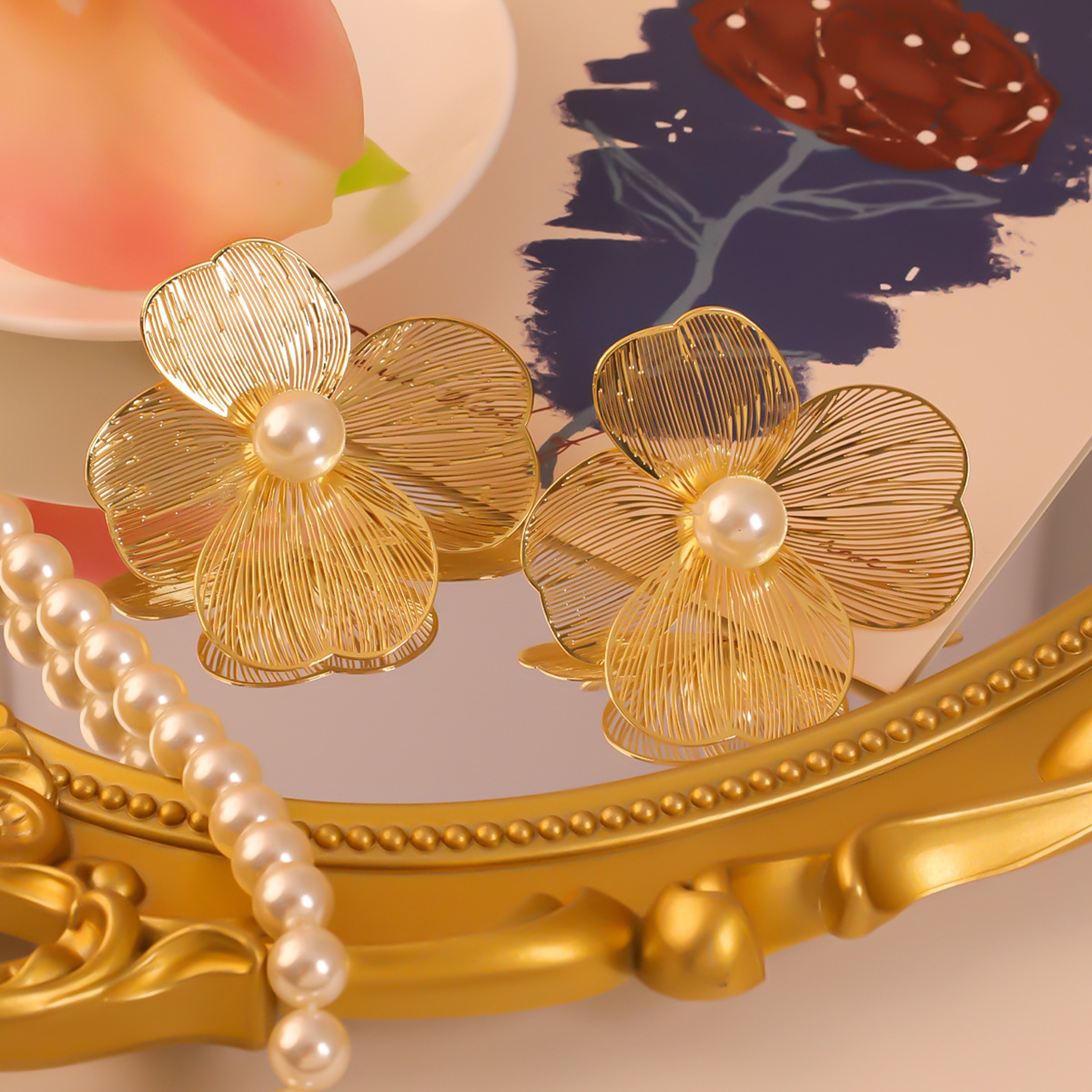 Luxury Flower Pearl Earrings for Women Elegant Statement Flower Earrings in Silver – view 6
