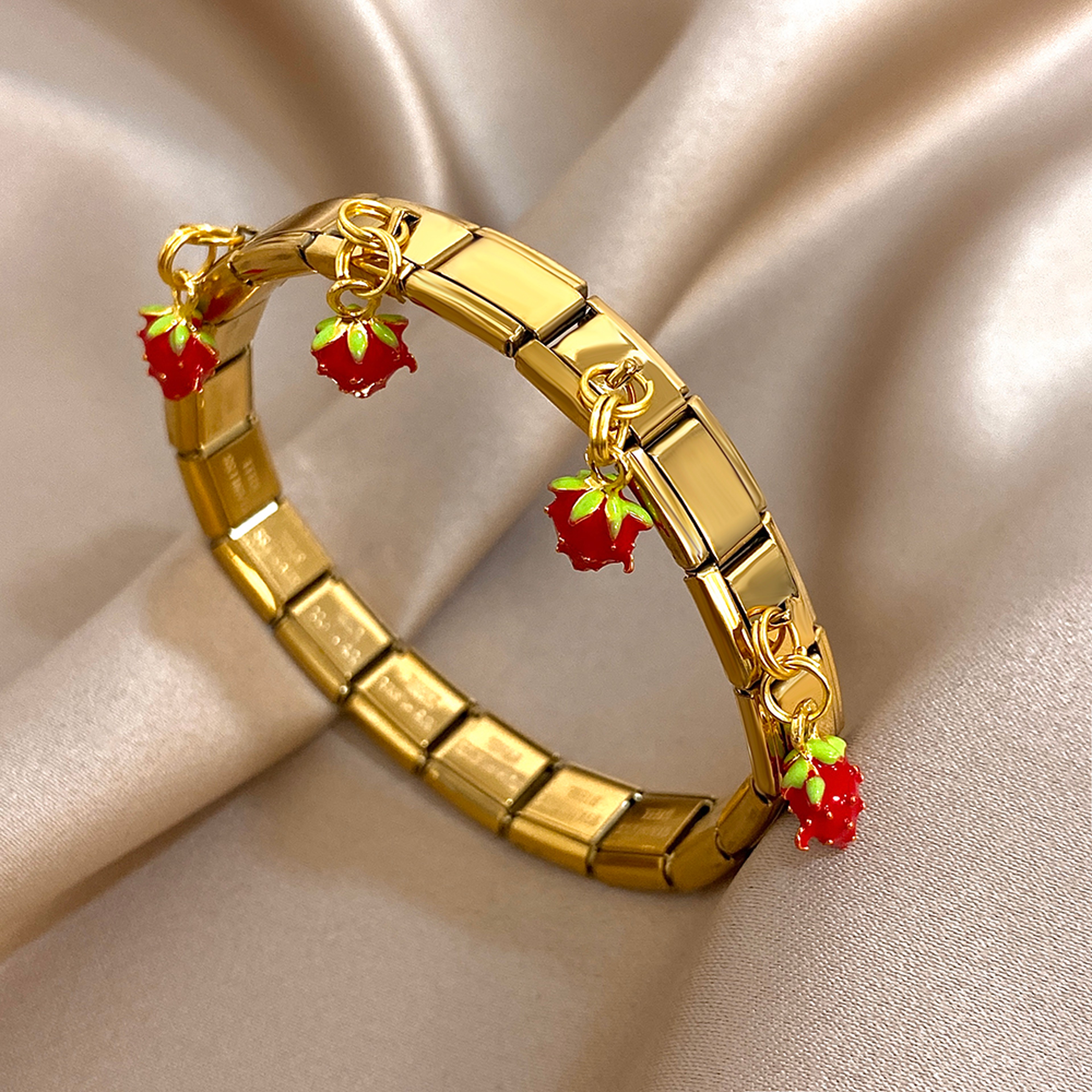 Geometric Stainless Steel Bracelet With Fruit Charm Elastic Cuff For Women 3