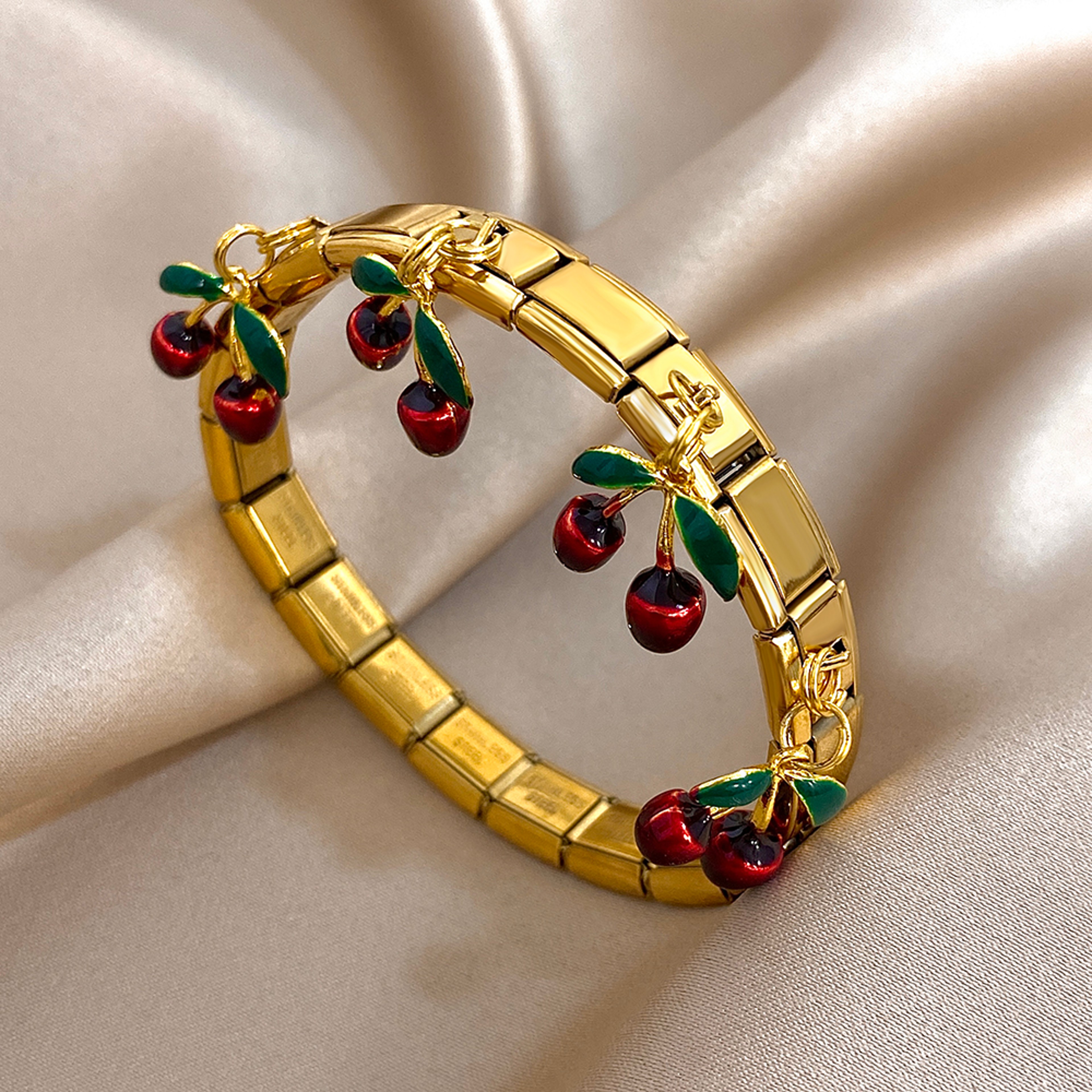 Geometric Stainless Steel Bracelet With Fruit Charm Elastic Cuff For Women 8