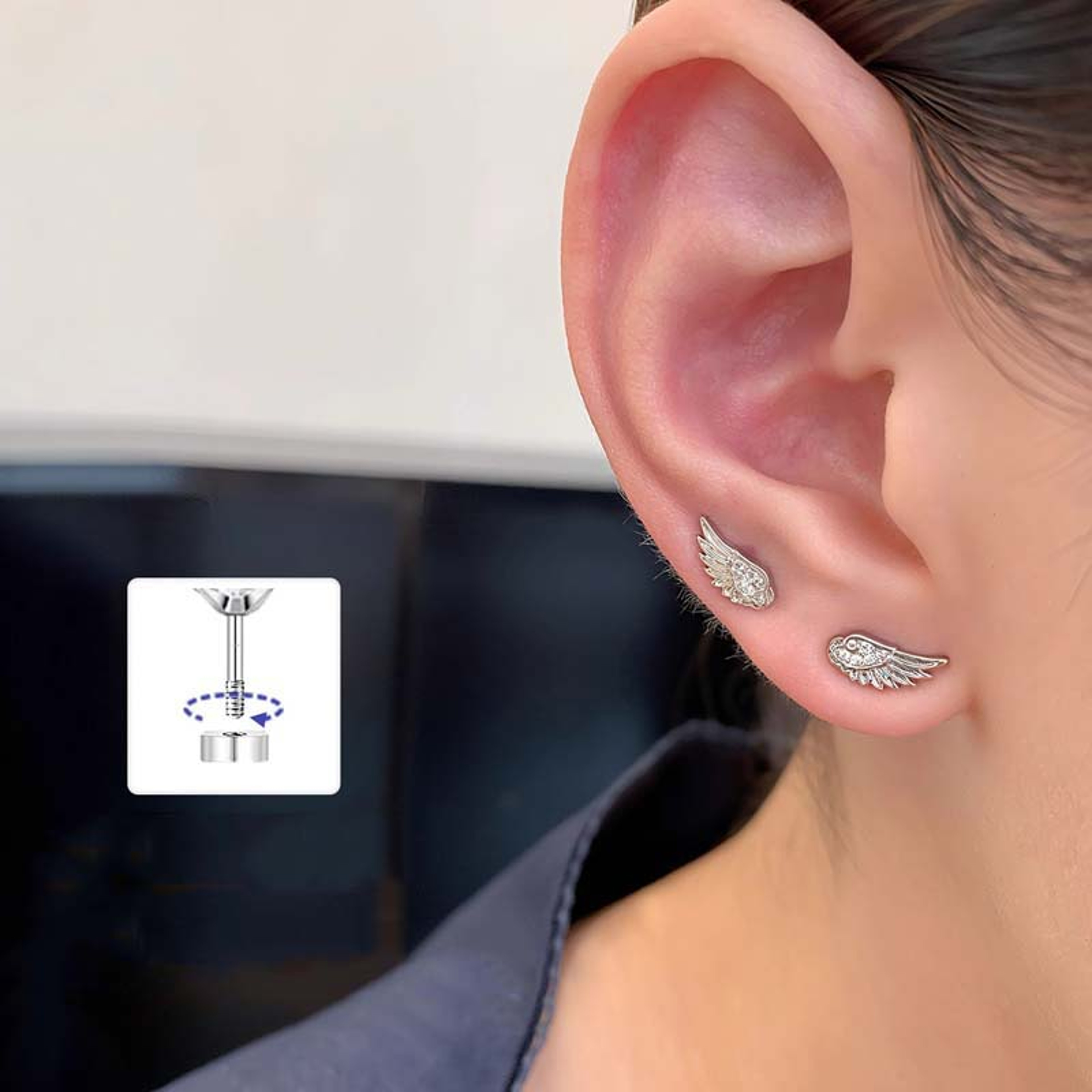 Silver Wing Stud Earrings With Sparkling Zircon Crystal For Women 1