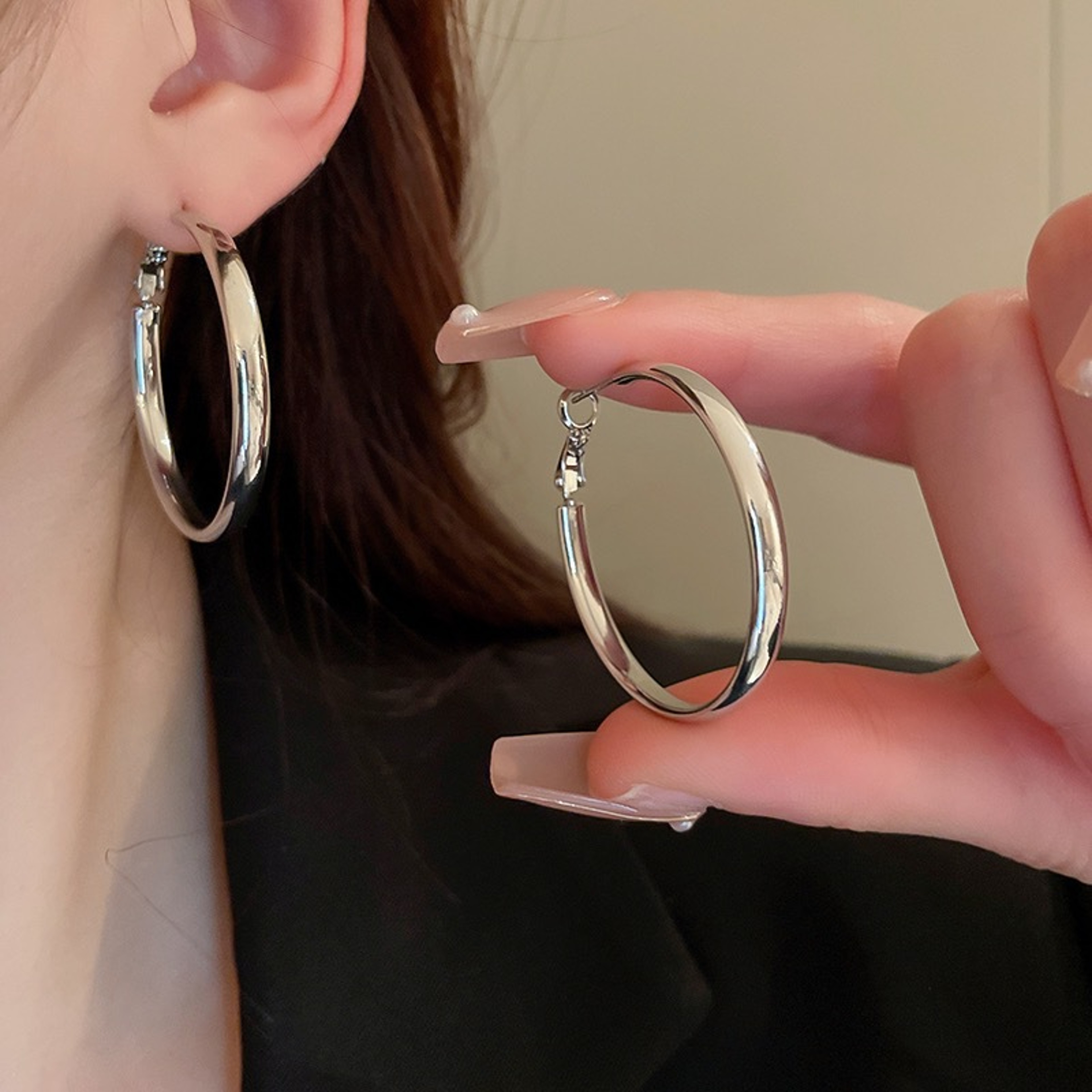 Silver Double Layer Hoop Earrings for Women Statement Round Fashion Jewelry – view 13