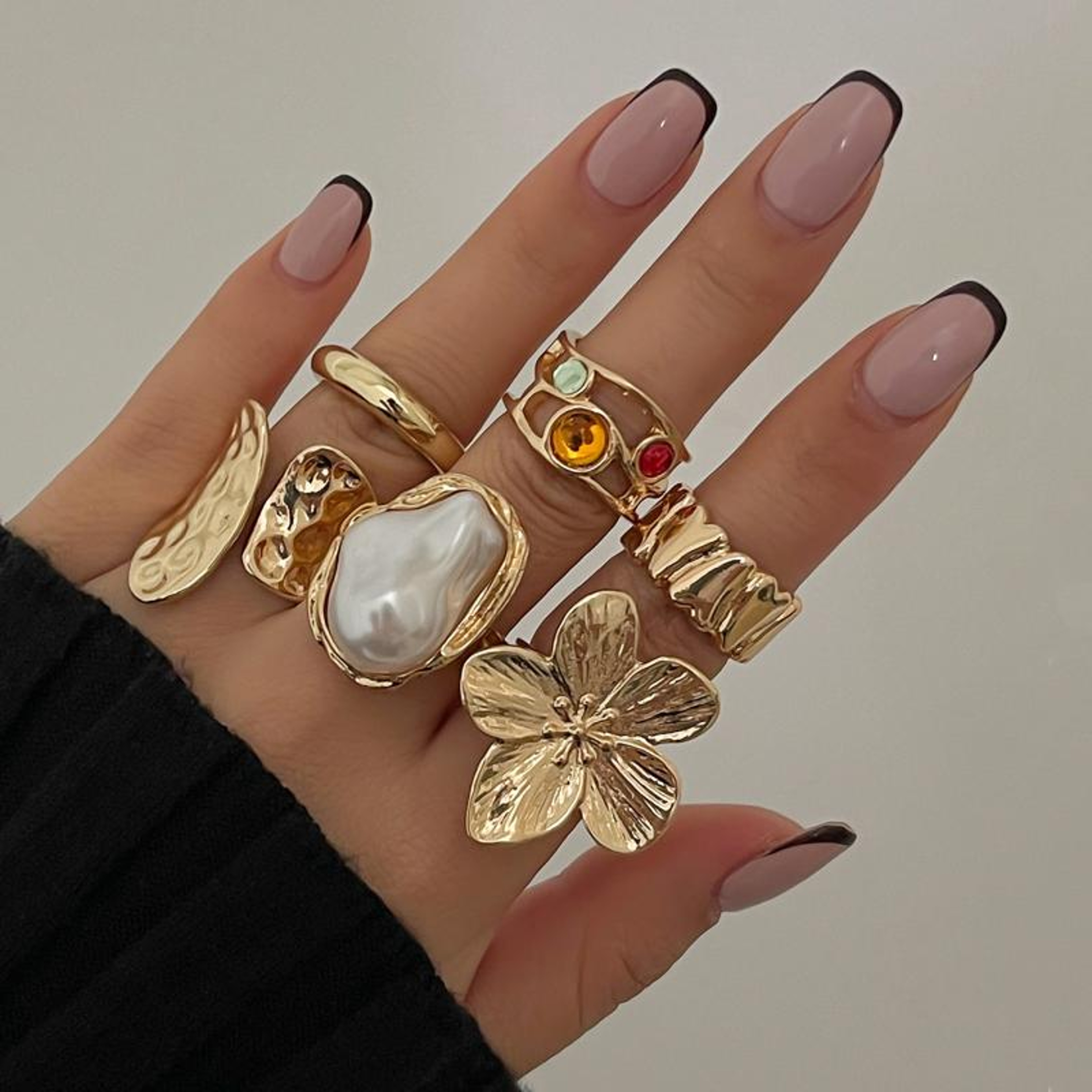 Elegant Flower Ring Gold Crystal Pearl Ring Adjustable Open Ring for Women – view 1