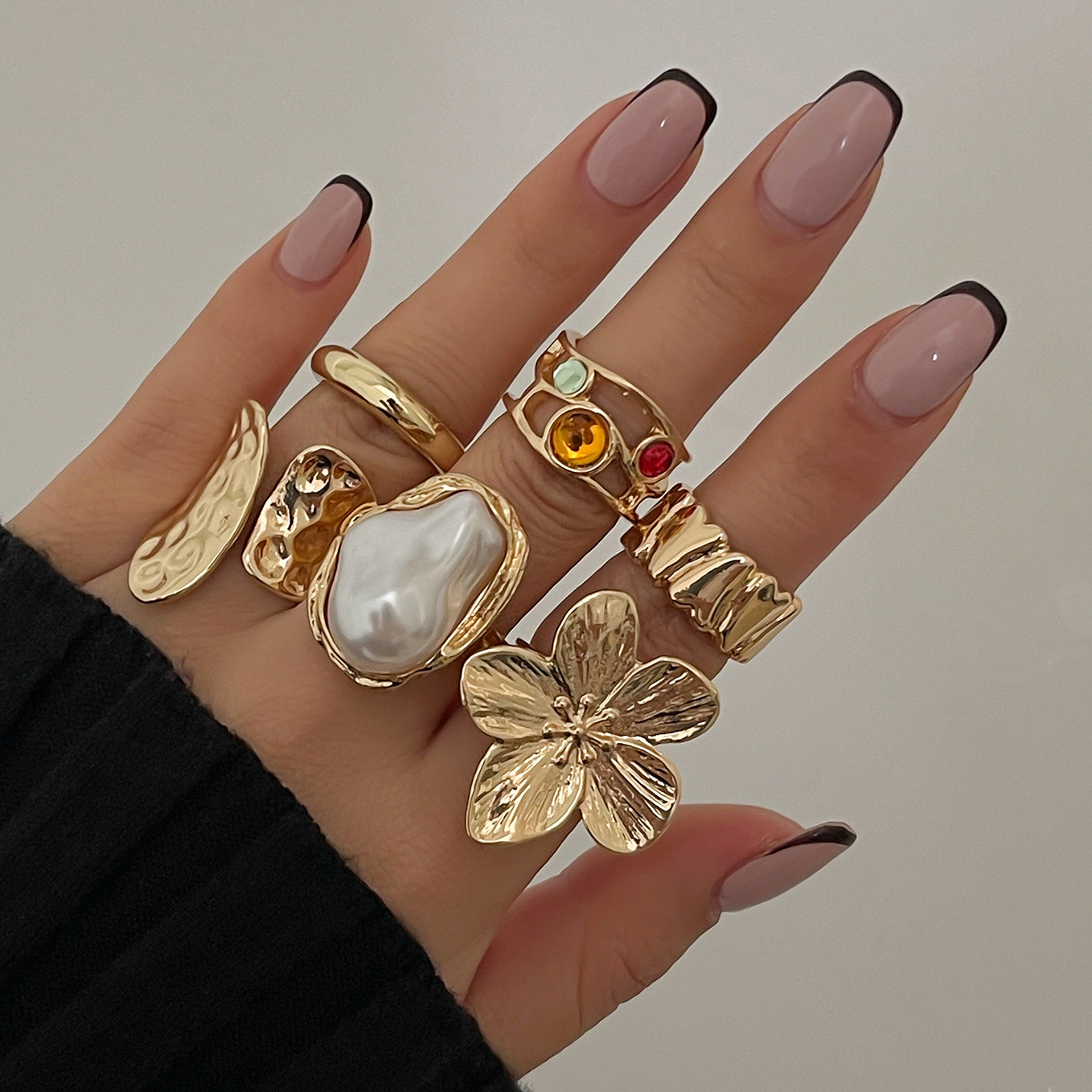 Elegant Flower Ring Gold Crystal Pearl Ring Adjustable Open Ring for Women – view 10