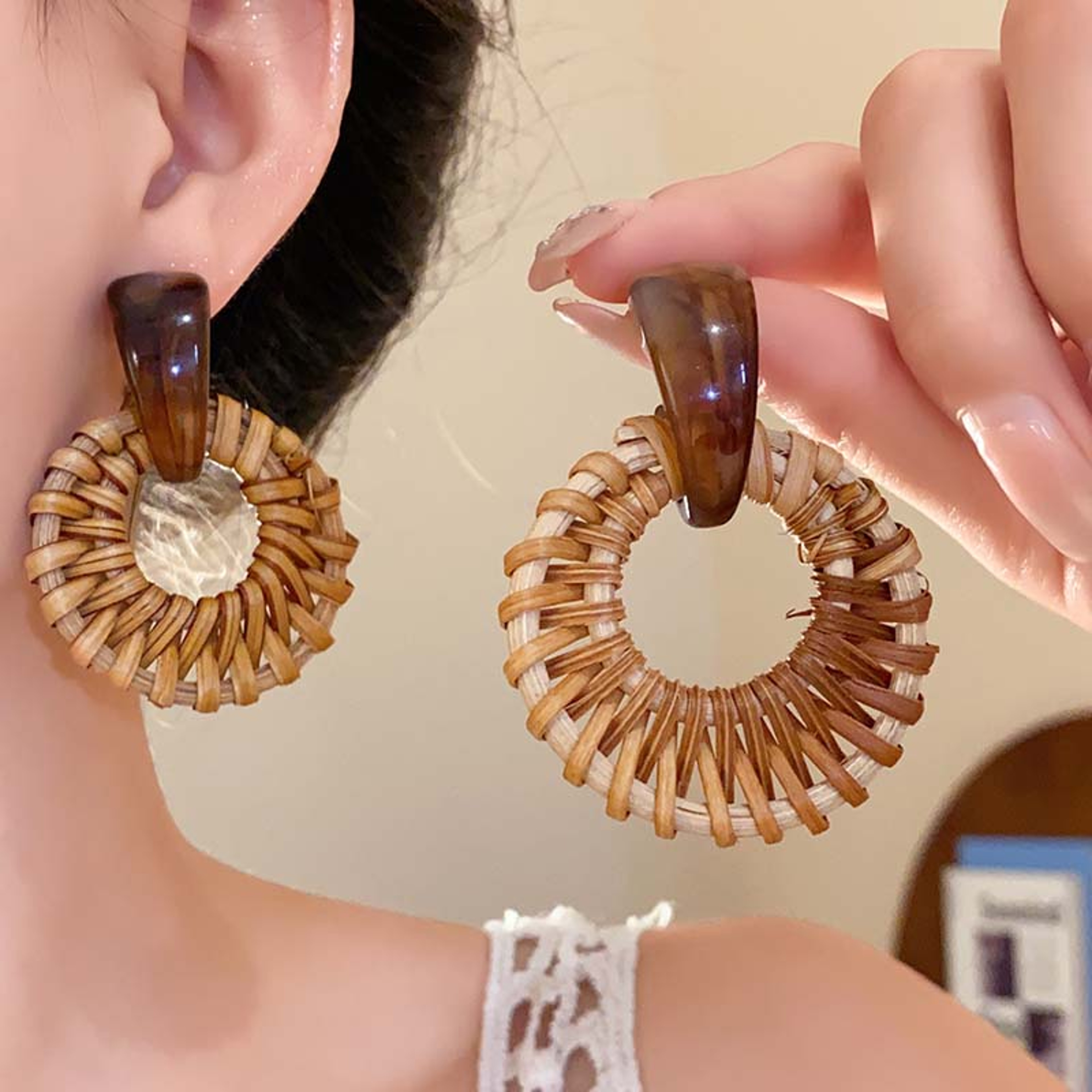 Vintage Rattan Earrings Boho Woven Hoop Statement Earrings For Women 1