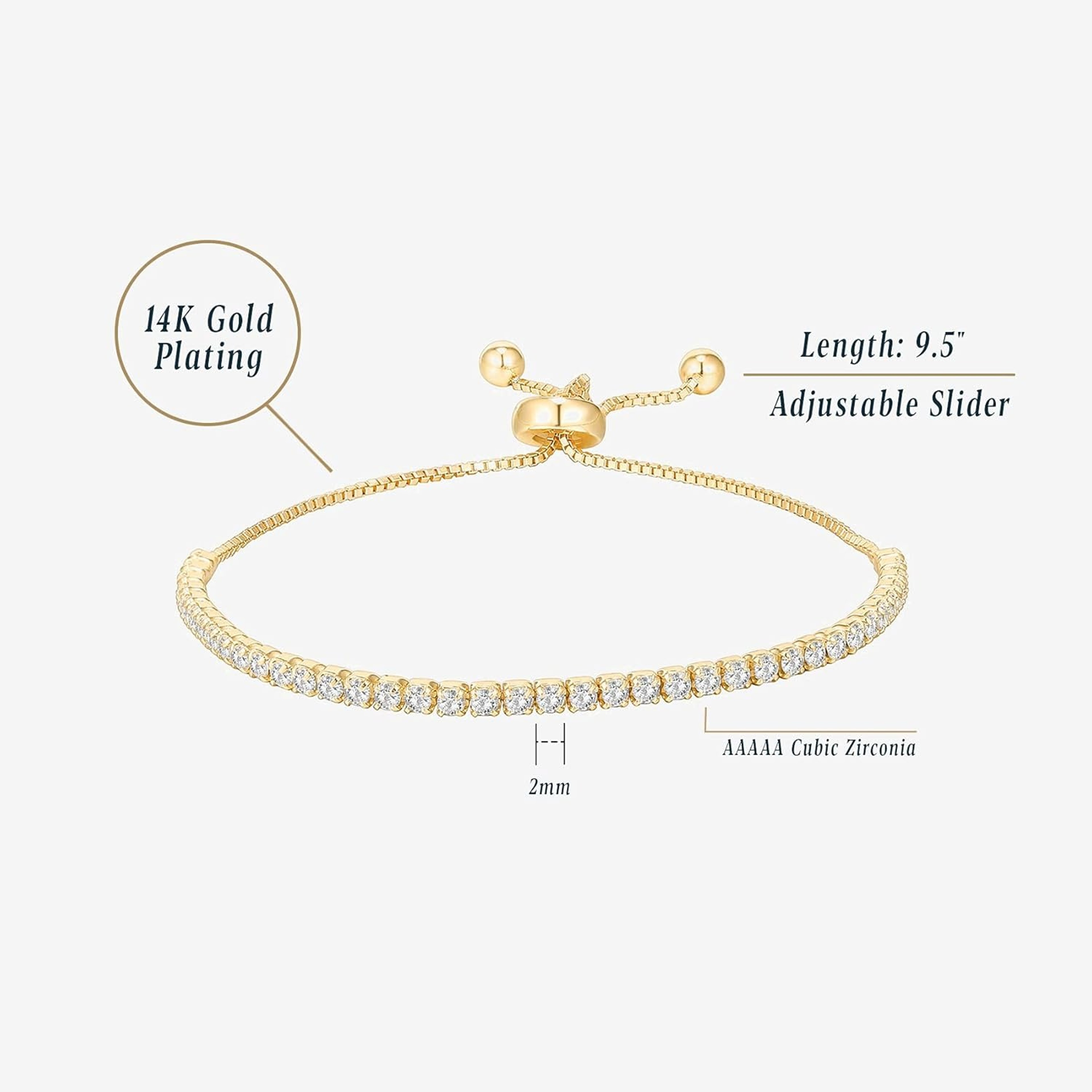Gold Plated Bracelet with Tennis Bracelet Design & Cubic Zirconia Adjustable Slider – view 2