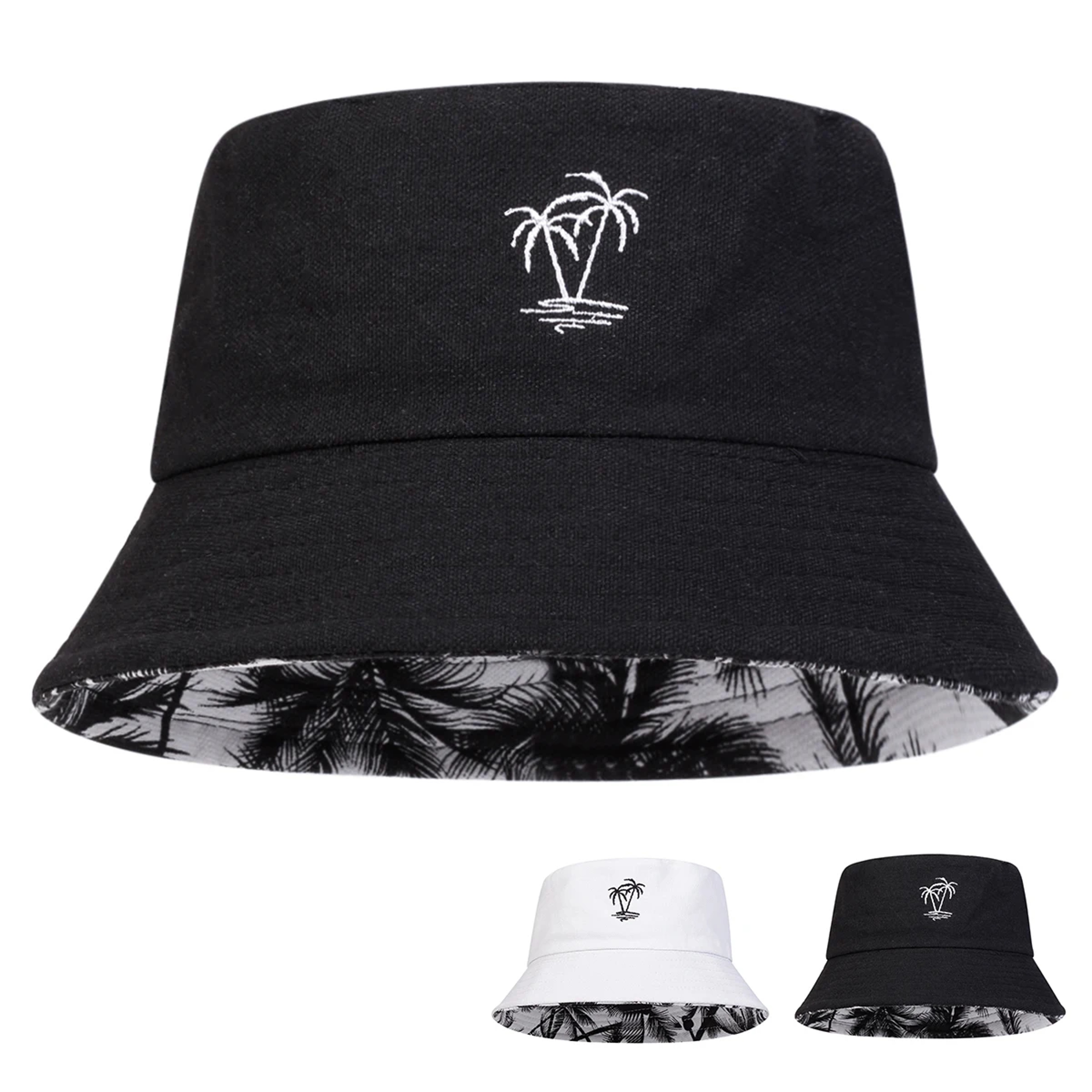 Reversible Coconut Tree Embroidered Bucket Hat for Men & Women Cotton Sun Fisherman Cap – view 1