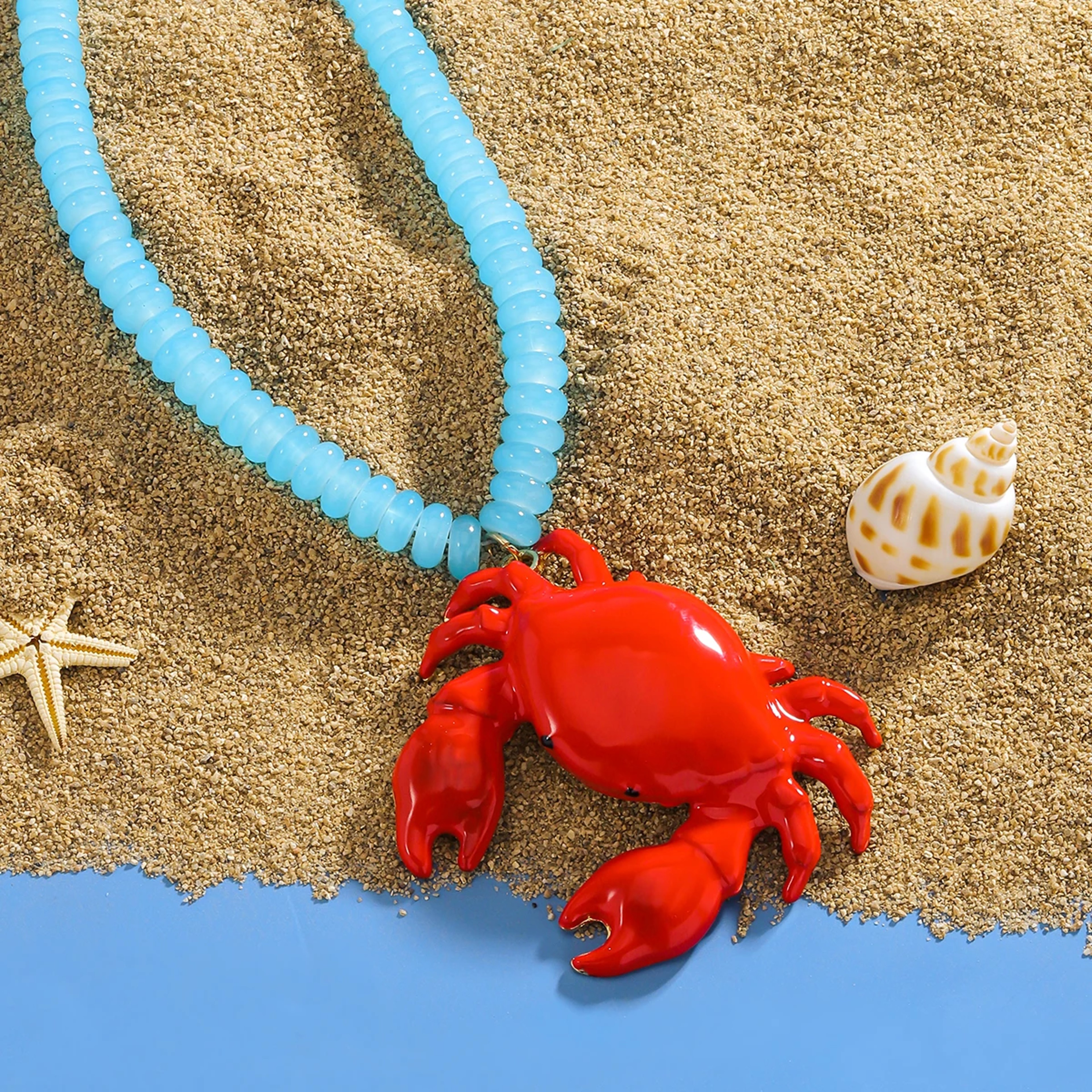 Boho Crab Necklace With Beaded Chain  Red Enamel Ocean Pendant For Women 2