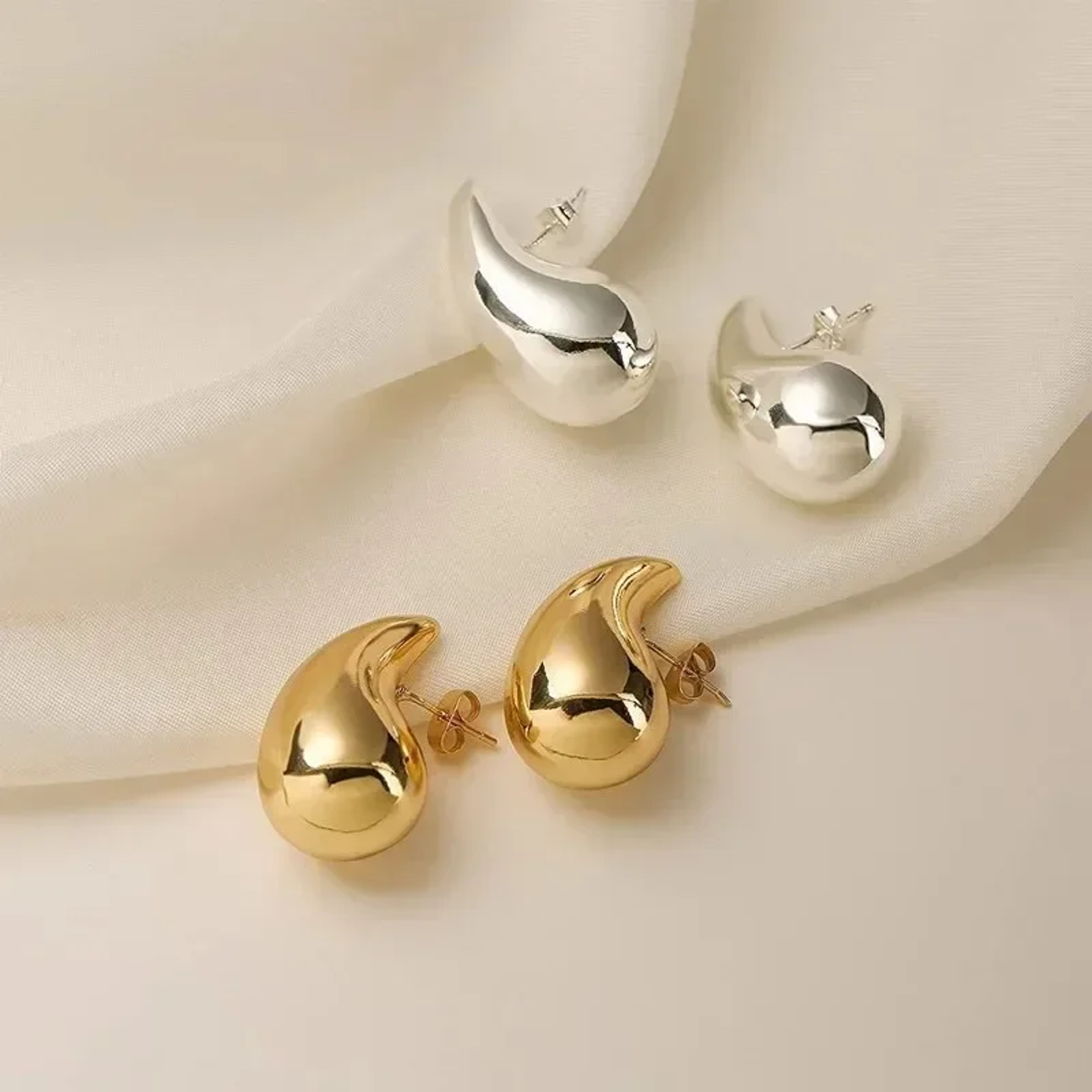 Sterling Silver Chunky Dome Water Drop Earrings Gold Plating For Women 0