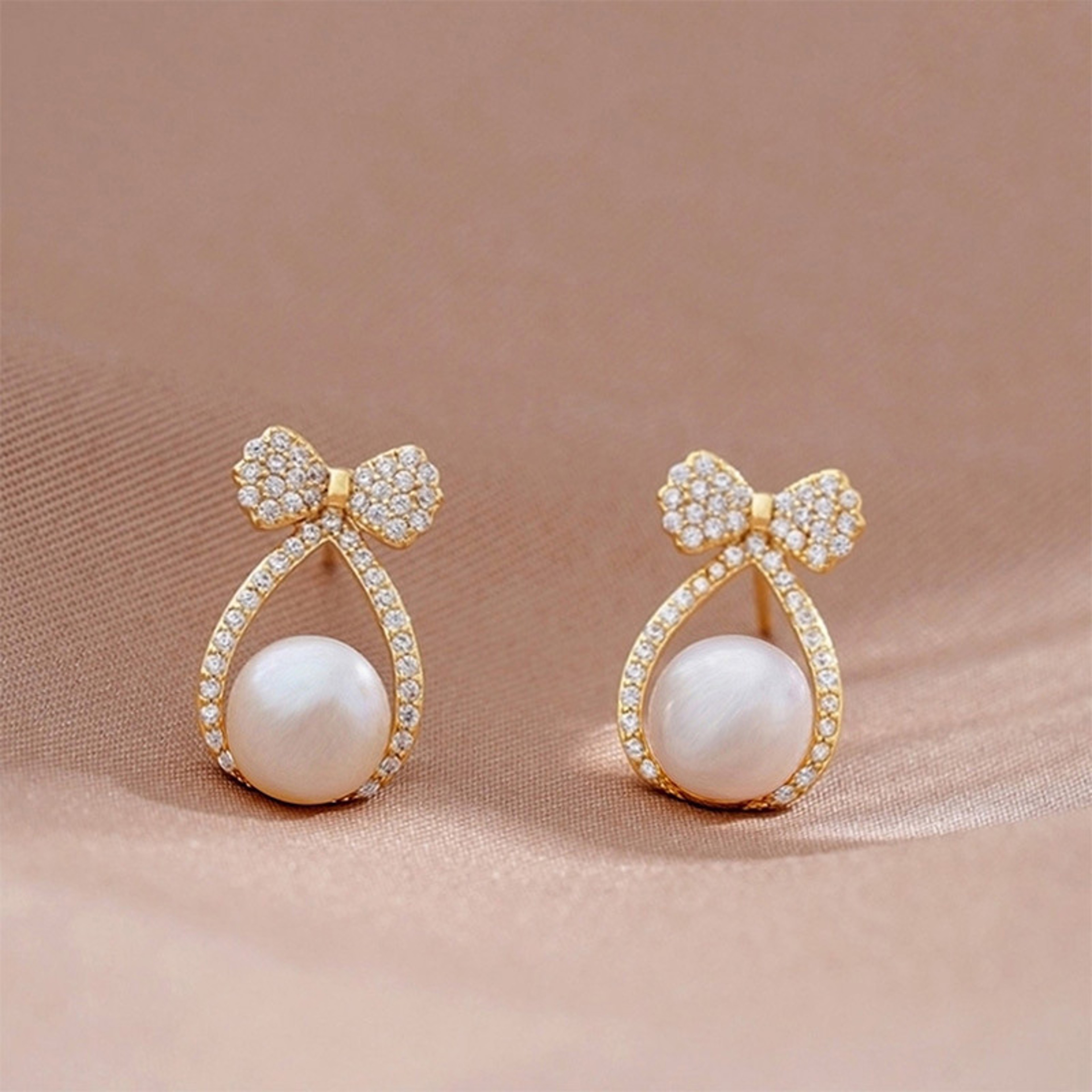 Bow Pearl Earrings with Zircon Elegant Drop Earrings for Women – view 9