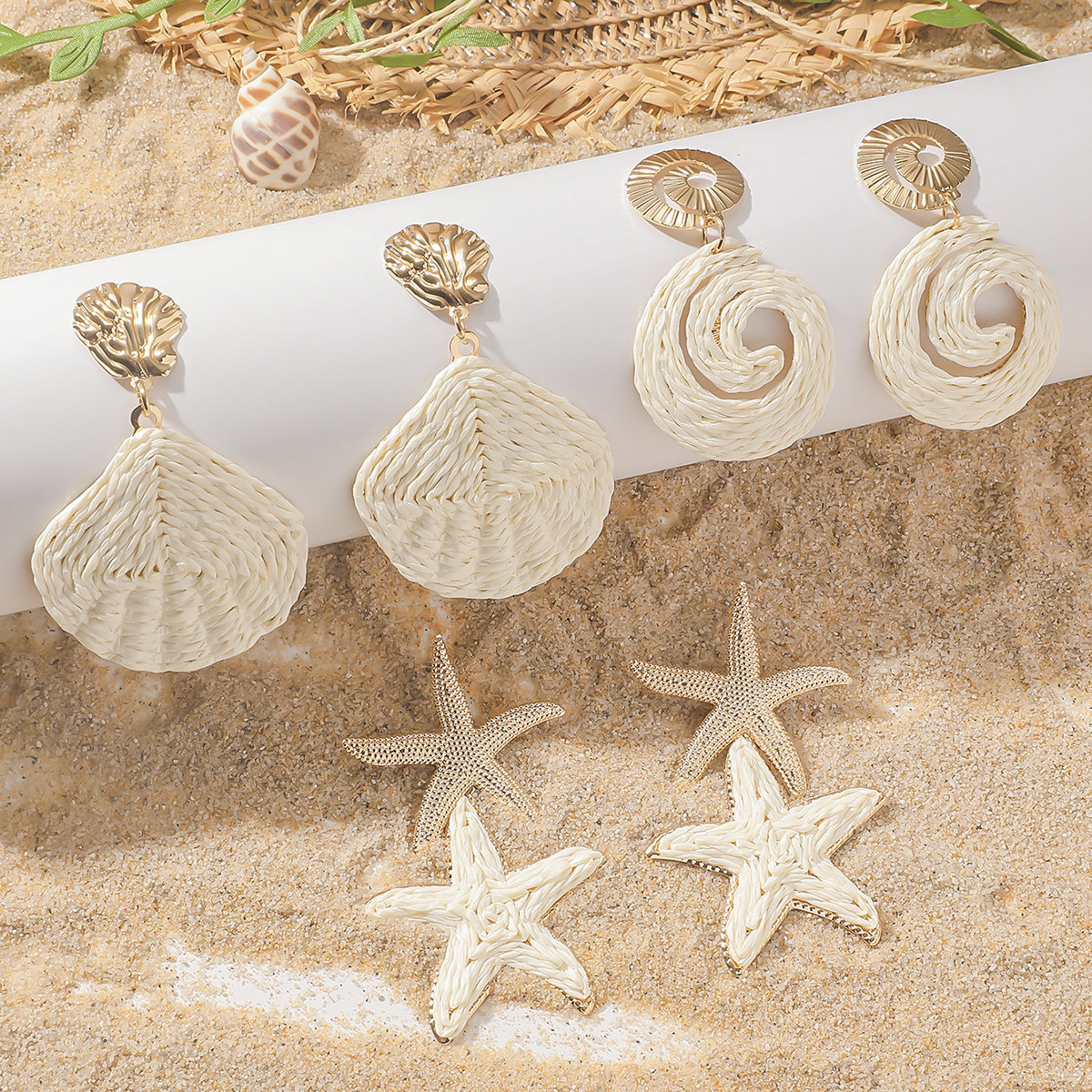 Raffia Starfish Shell Drop Earrings Ocean Inspired Beach Jewelry for Women – view 1