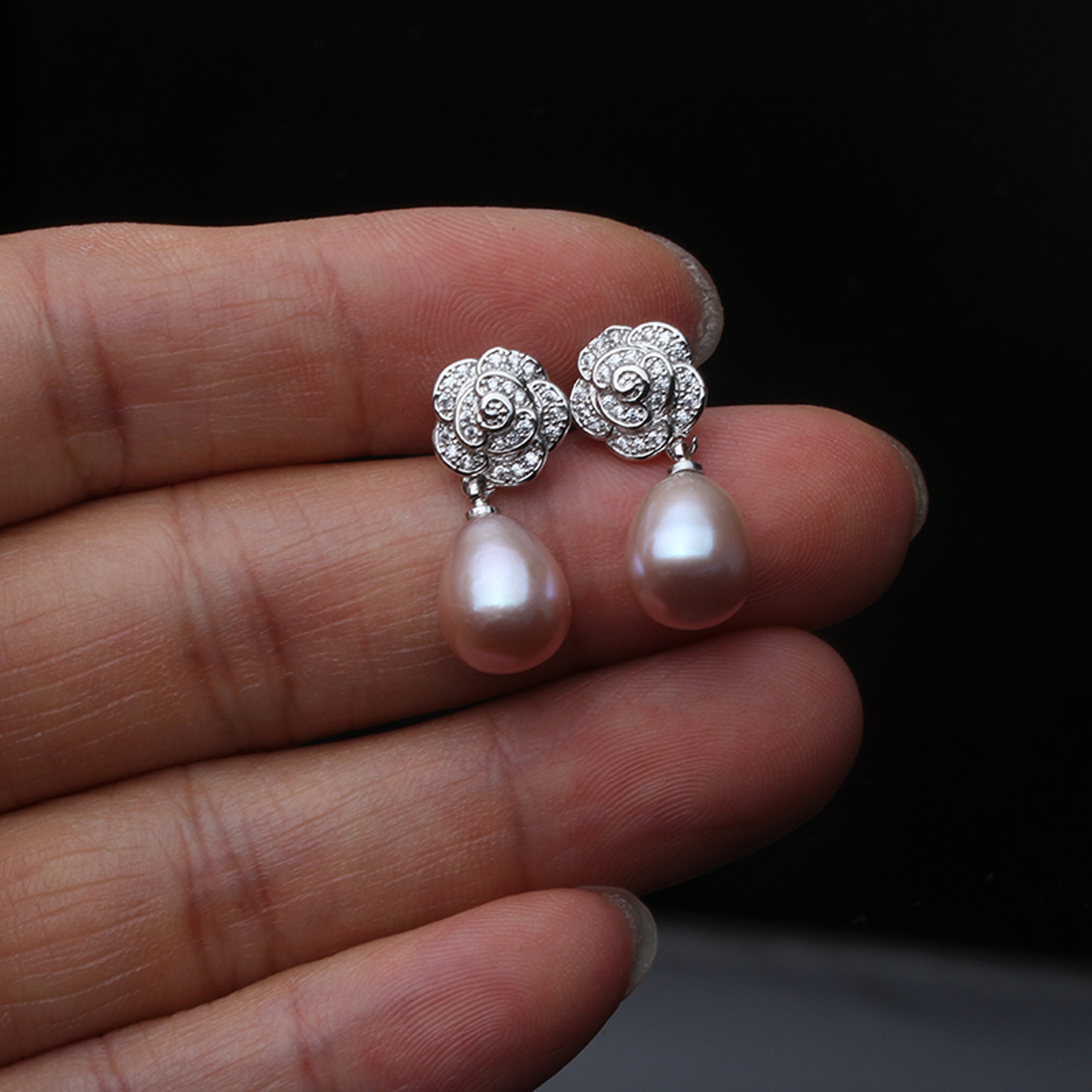 Vintage Sterling Silver Earrings With Natural Freshwater Pearl Earrings Floral Design For Women 3