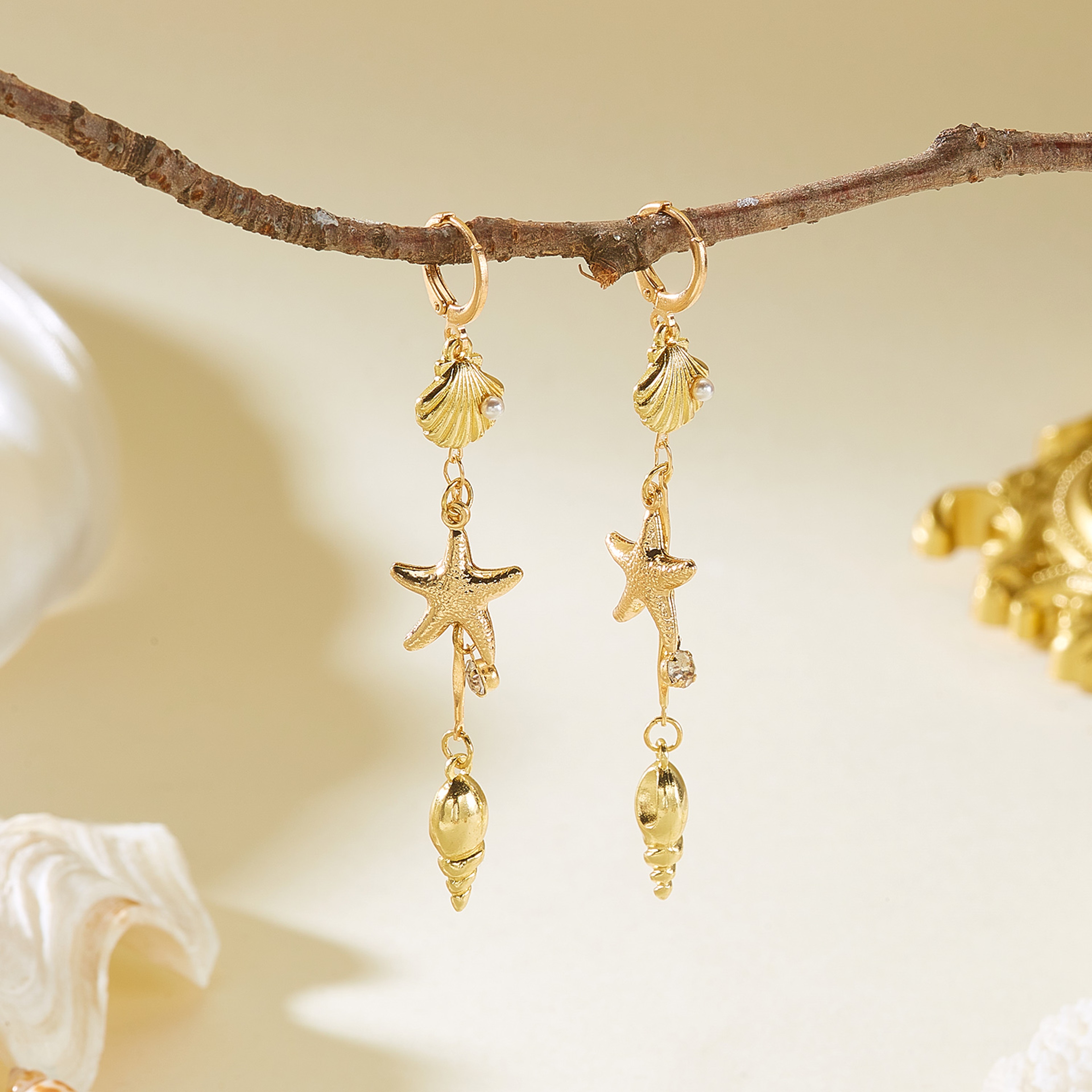 Mermaid Shell Pearl Starfish Long Drop Earrings For Women Beach Jewelry 1