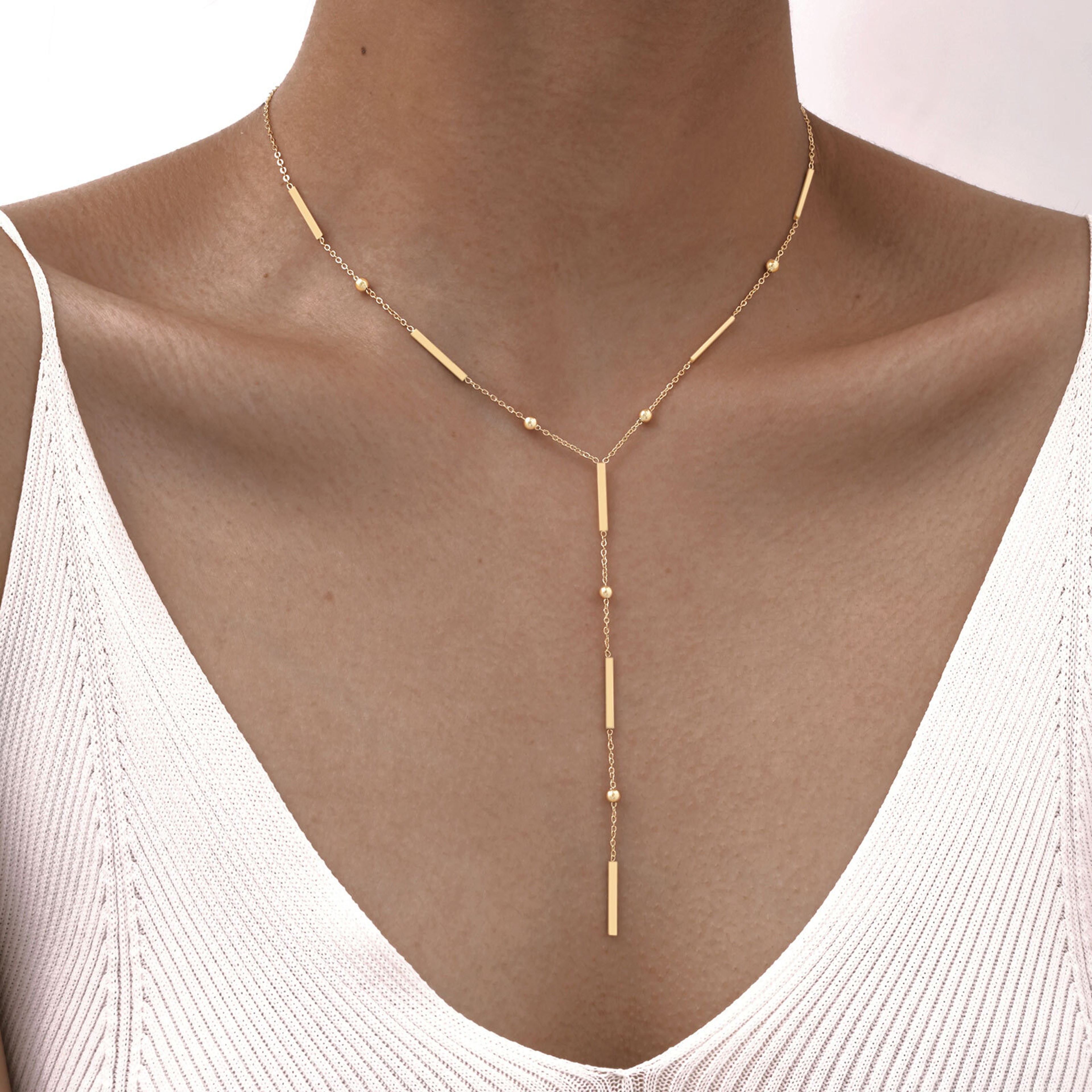 Elegant Y Necklace Minimalist Drop Bar Lariat Necklace with Beaded Chain for Women – view 7