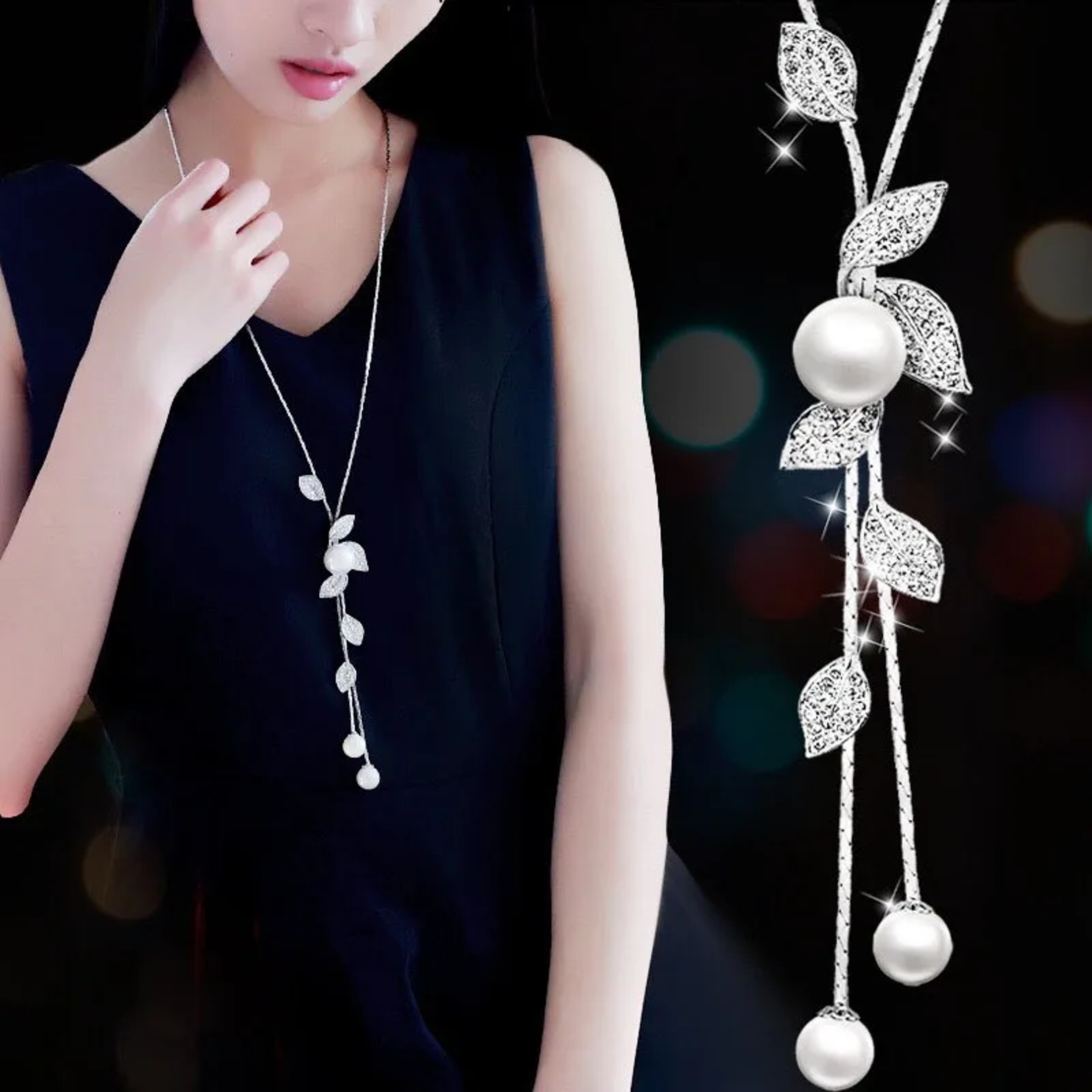 Elegant Pearl Choker Necklace with Long Silver Chain Pendant for Women – view 6