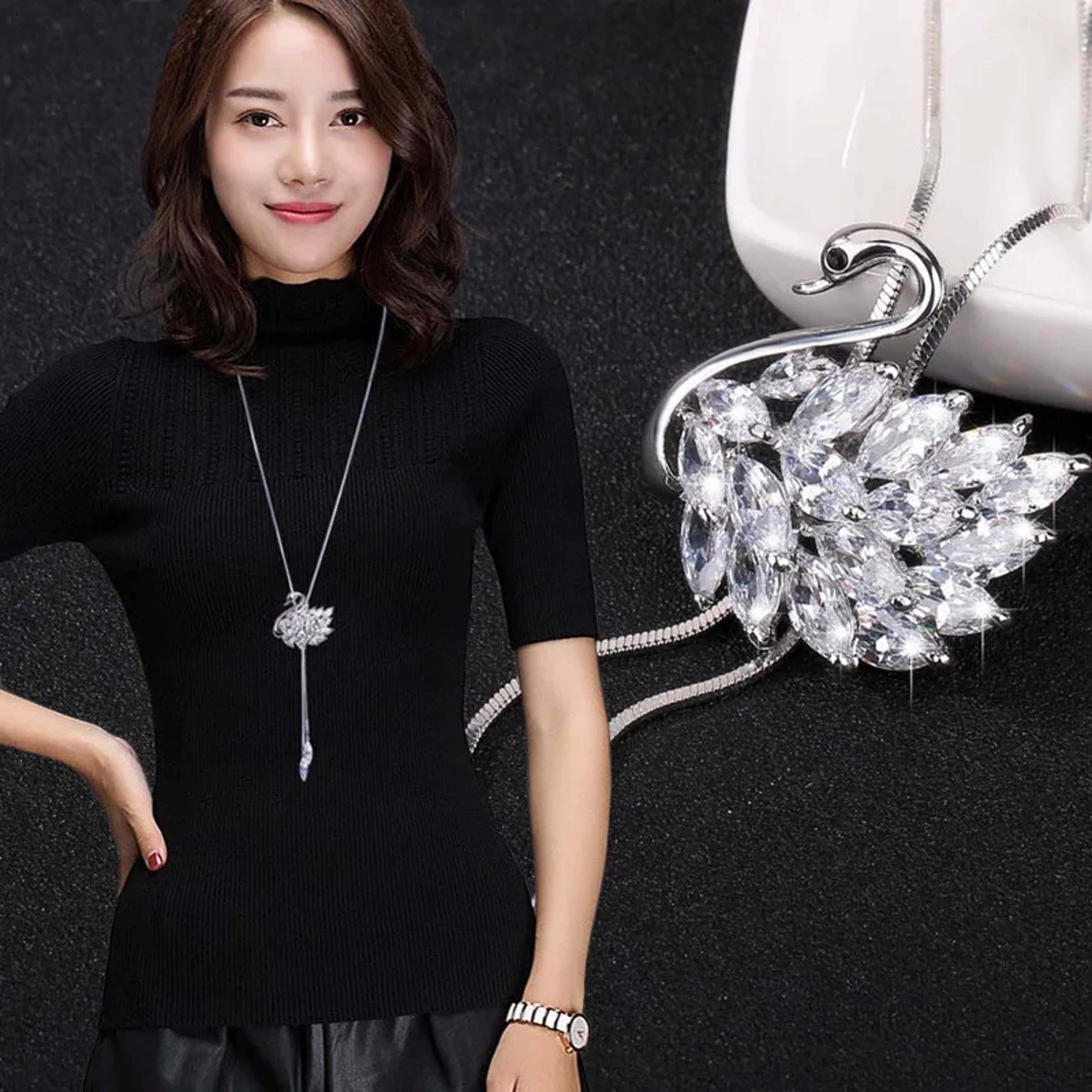 Elegant Pearl Choker Necklace with Long Silver Chain Pendant for Women – view 9
