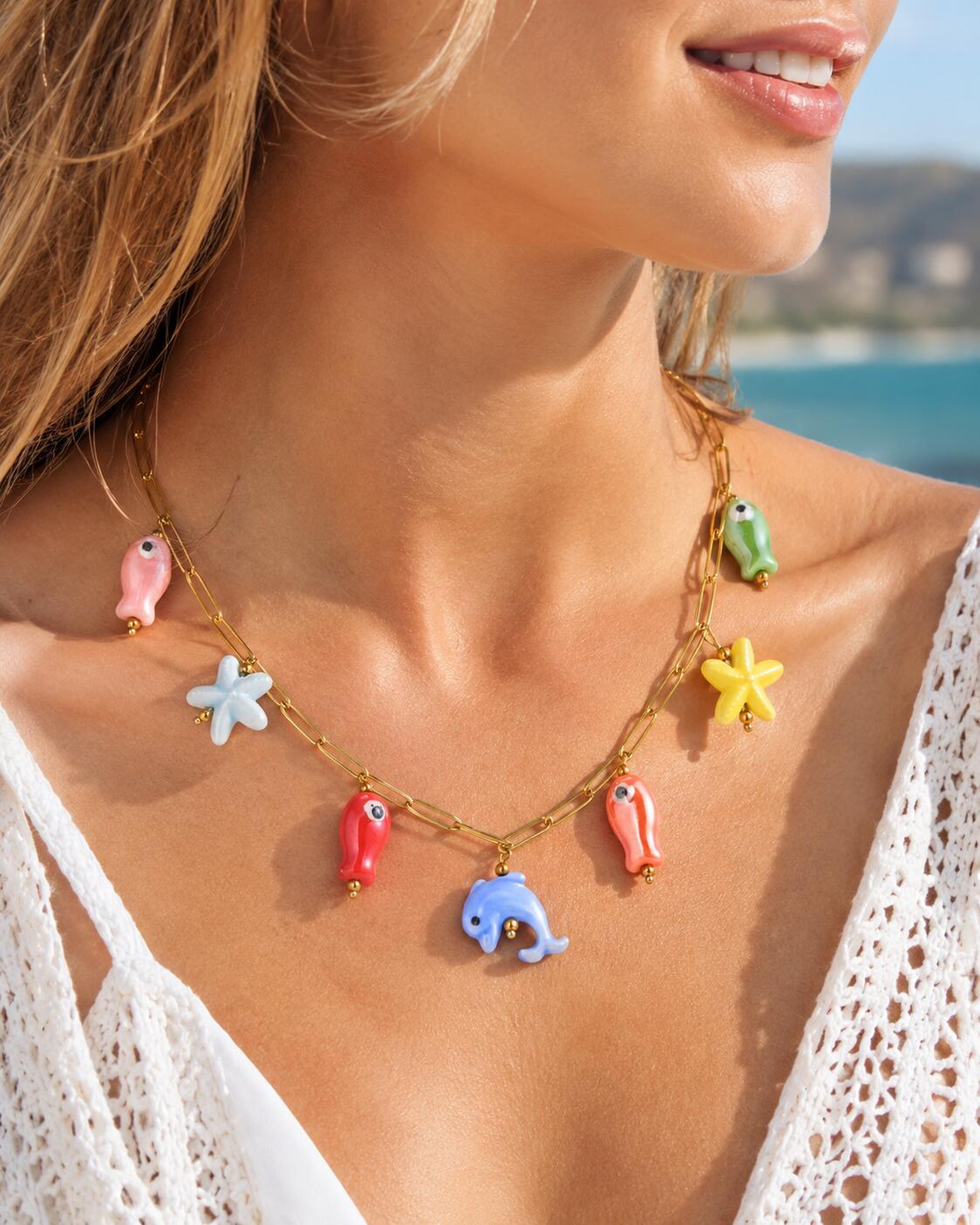 Gold Plated Beach Necklace with Starfish, Shell & Pearl Waterproof Stainless Steel Charm – view 9
