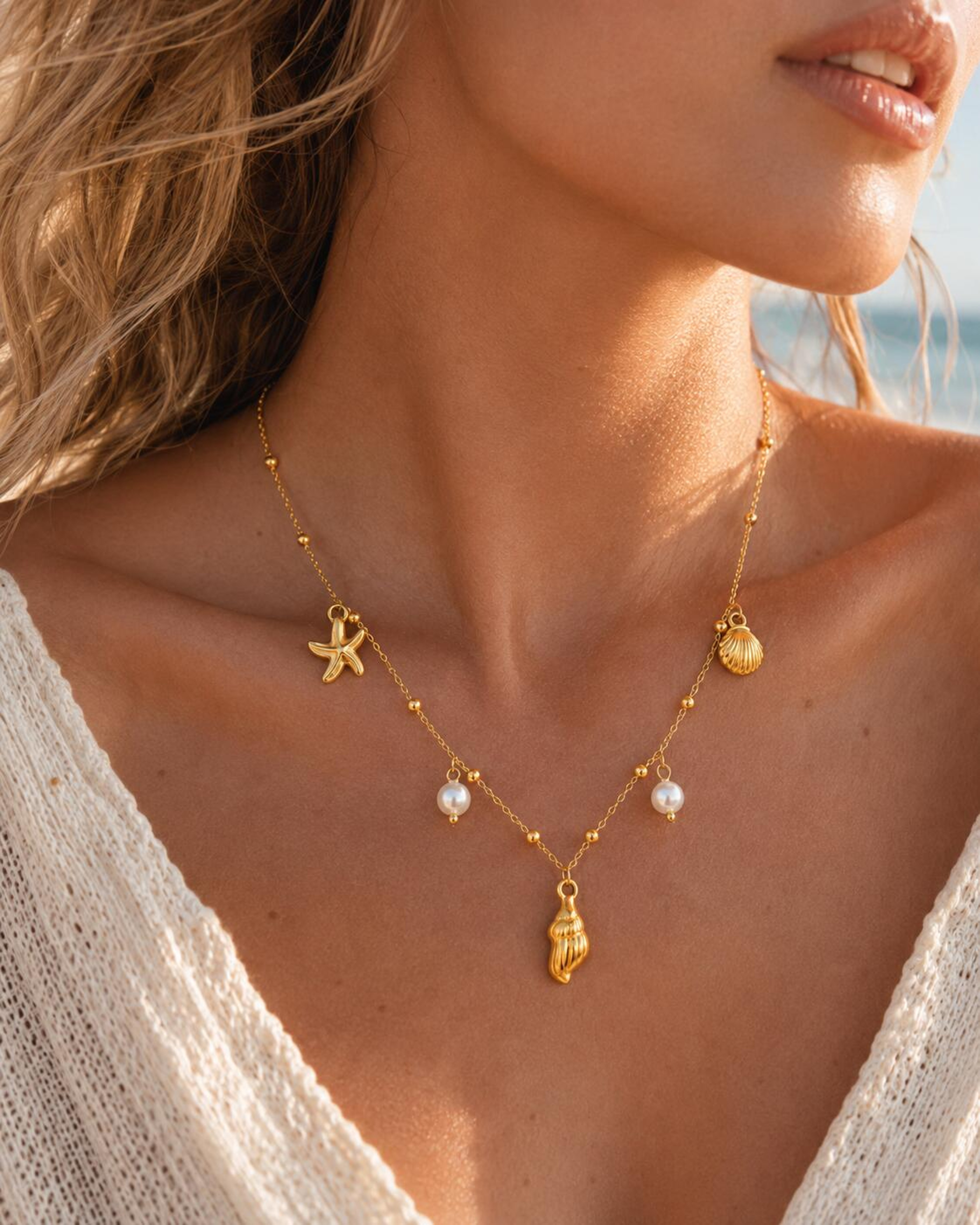 Gold Plated Beach Necklace with Starfish, Shell & Pearl Waterproof Stainless Steel Charm – view 12