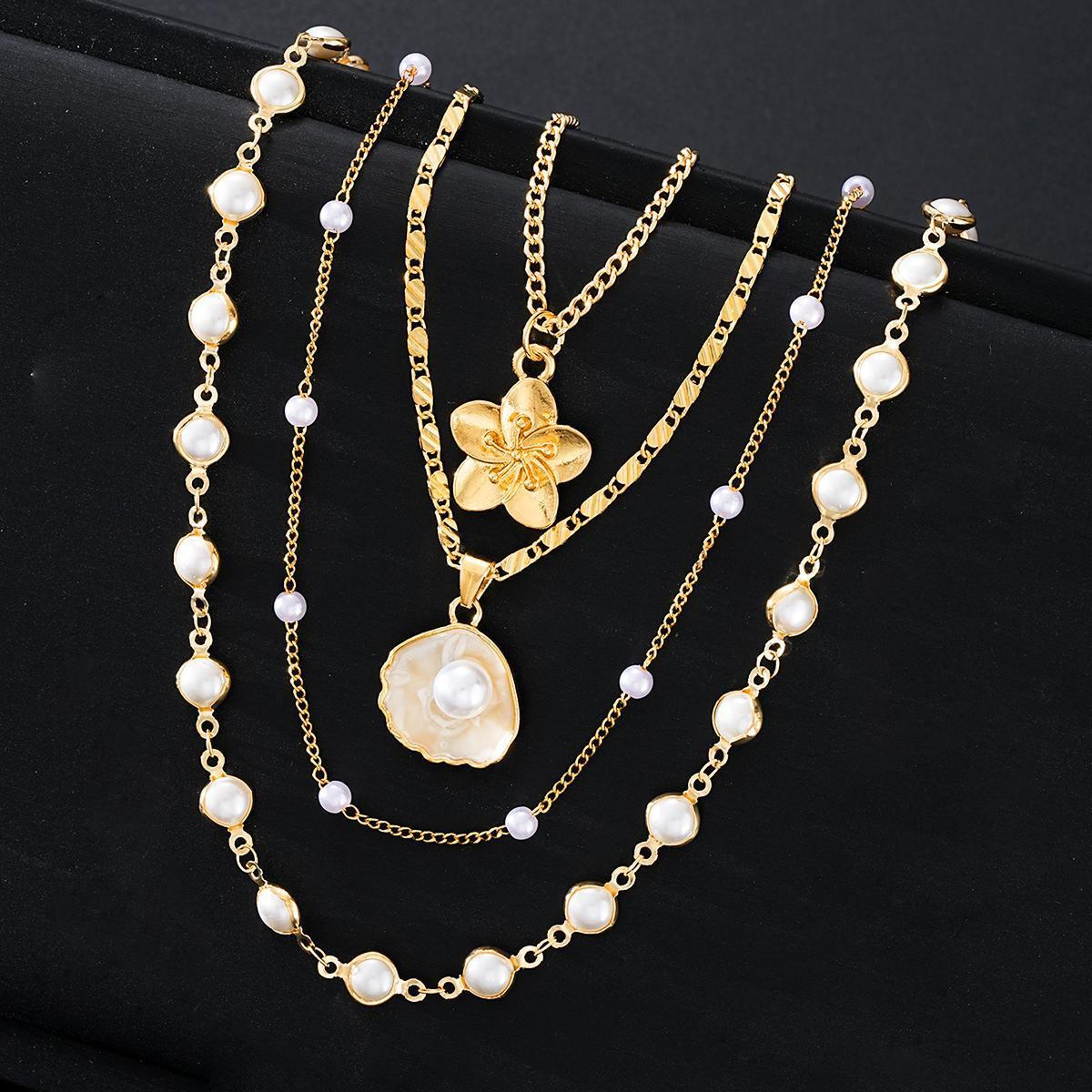 Retro Flower Pendant Necklace with Pearl Layered Long Stainless Steel Sweater Chain – view 3