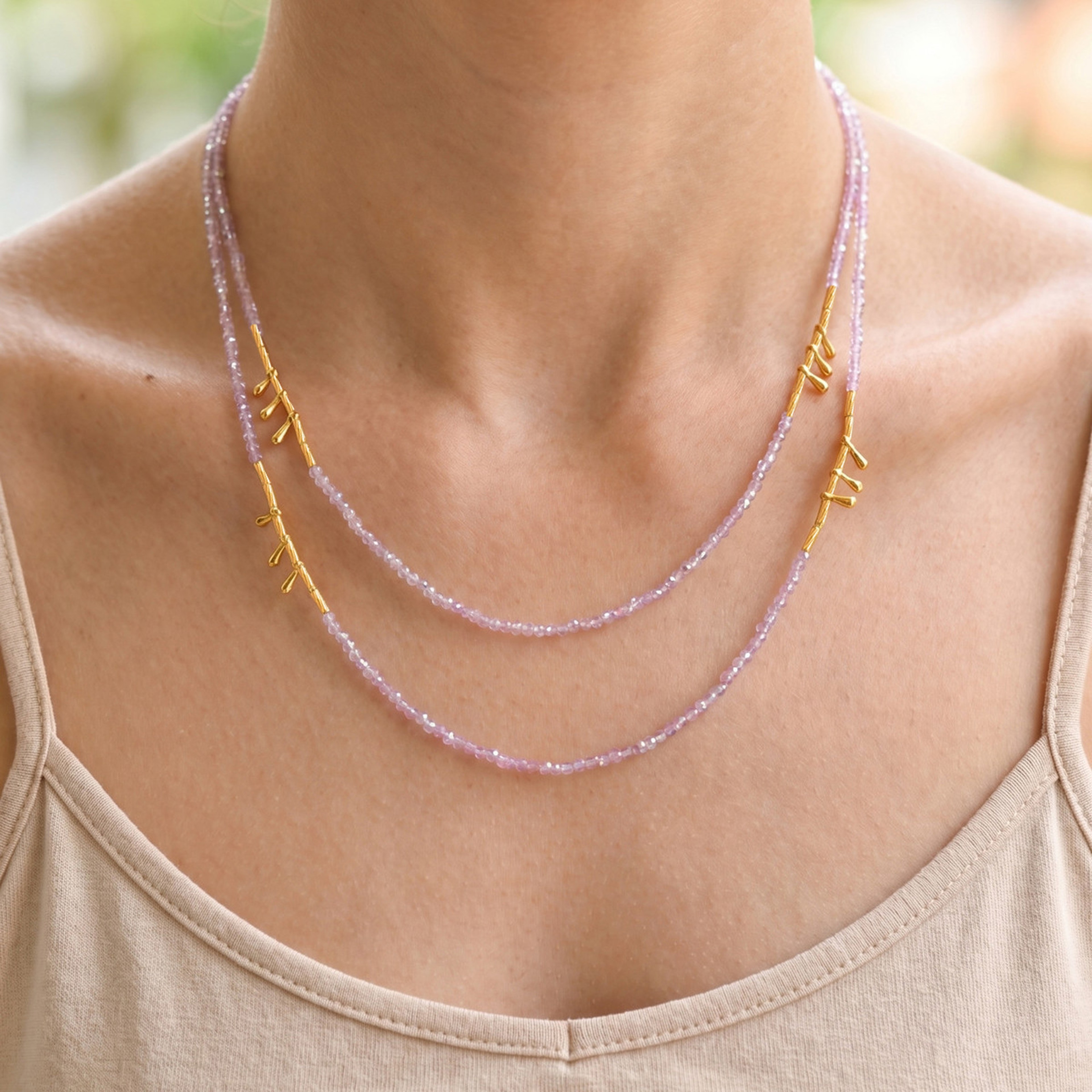 Lavender crystal layered necklace with gold branch accents