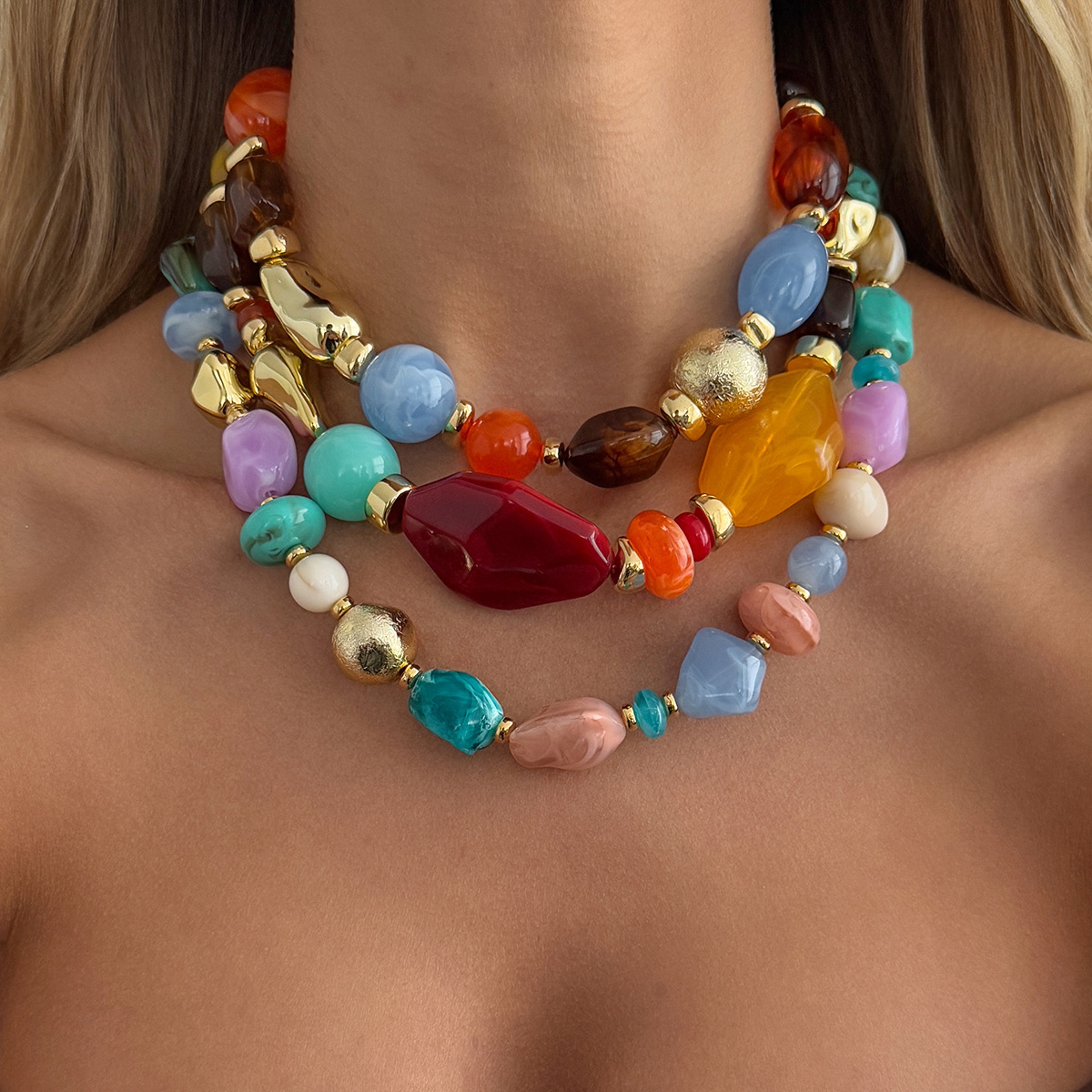 Colorful Acrylic Resin Statement Choker Necklace For Women Adjustable Vintage Beaded Jewelry 0