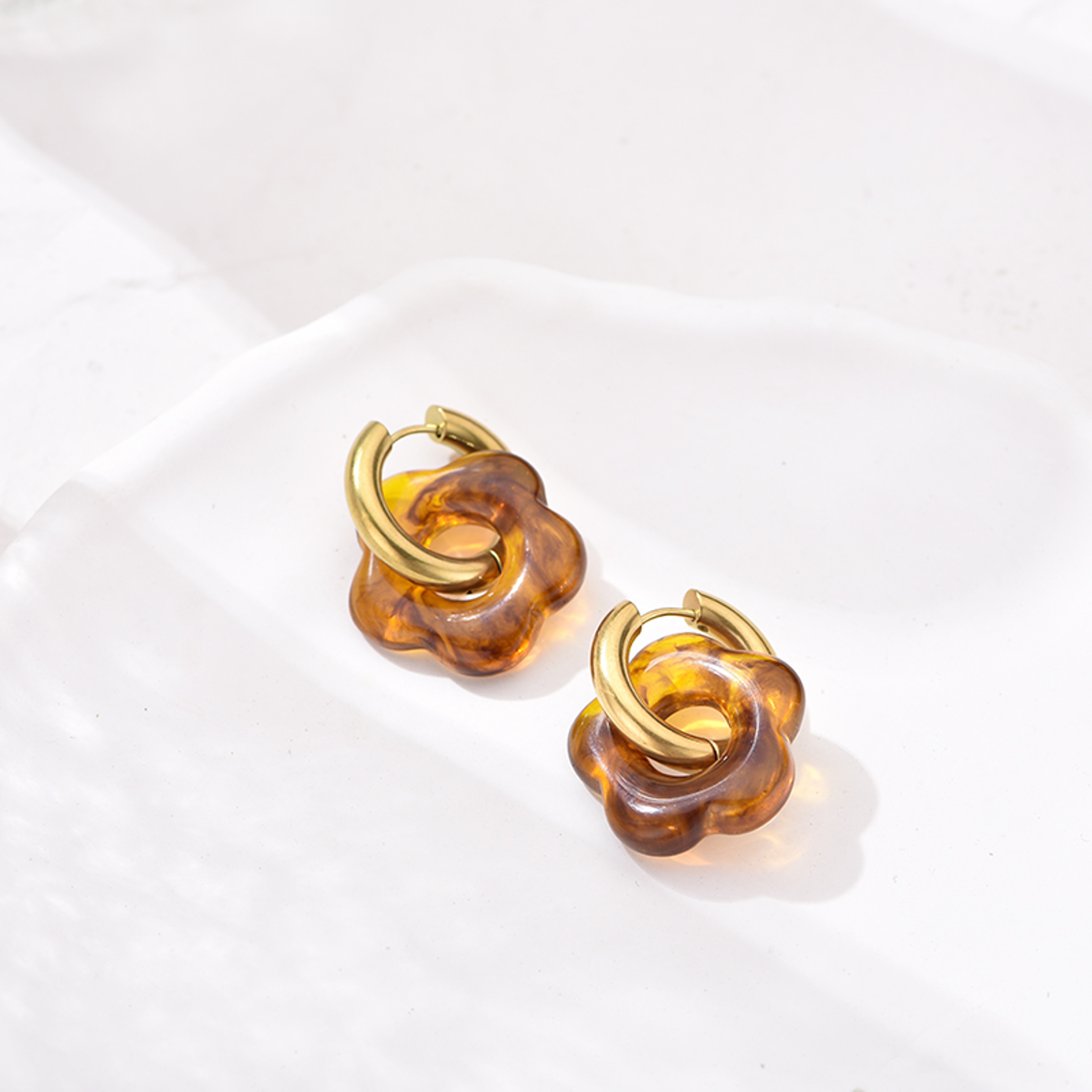 Bloom Glow Flower Drop Earrings Gold Stainless Steel Earrings with Resin Floral Hoop Design – view 10