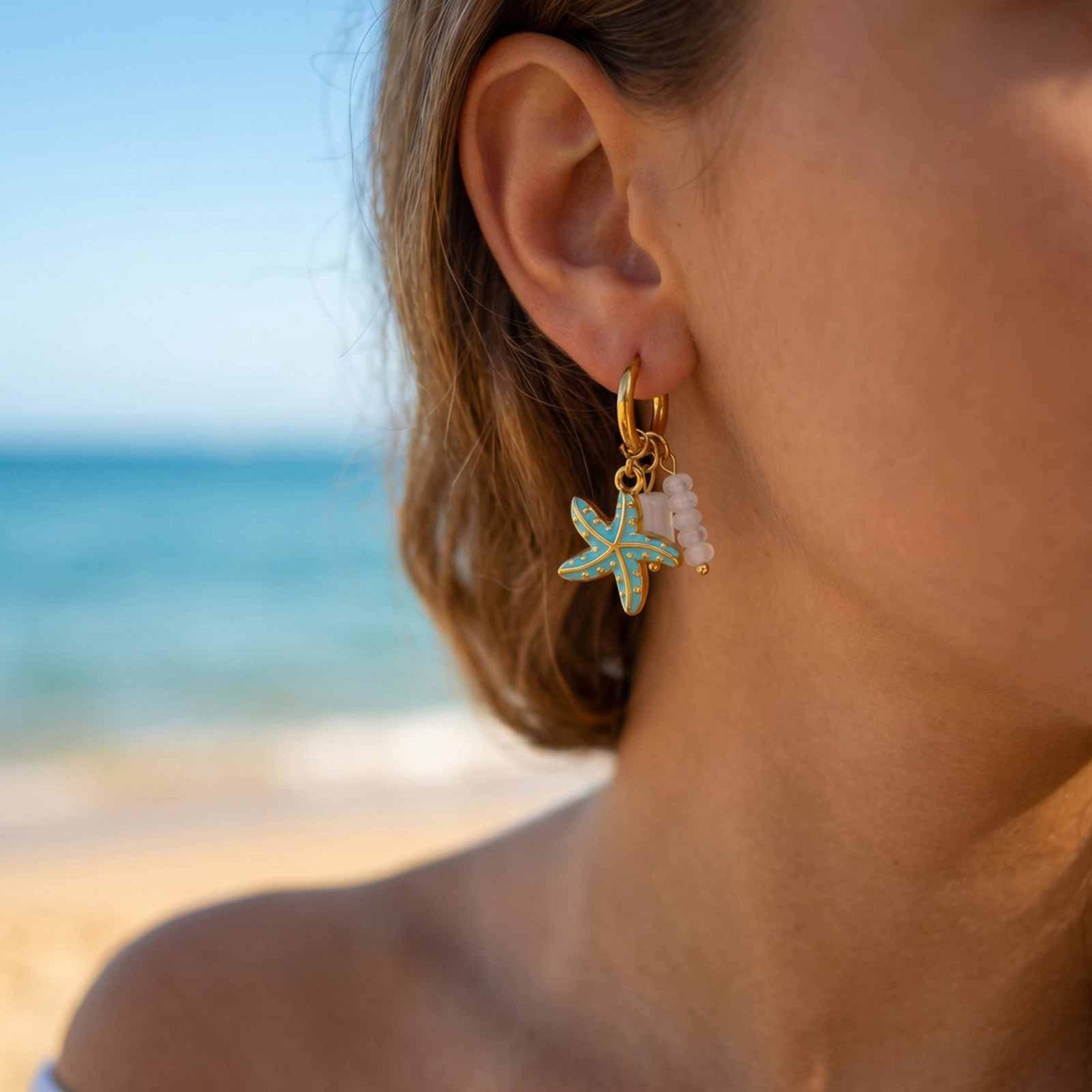 Ocean Charm Hoop Earrings with Starfish, Turtle & Shell Stainless Steel Dangle Jewelry – view 4