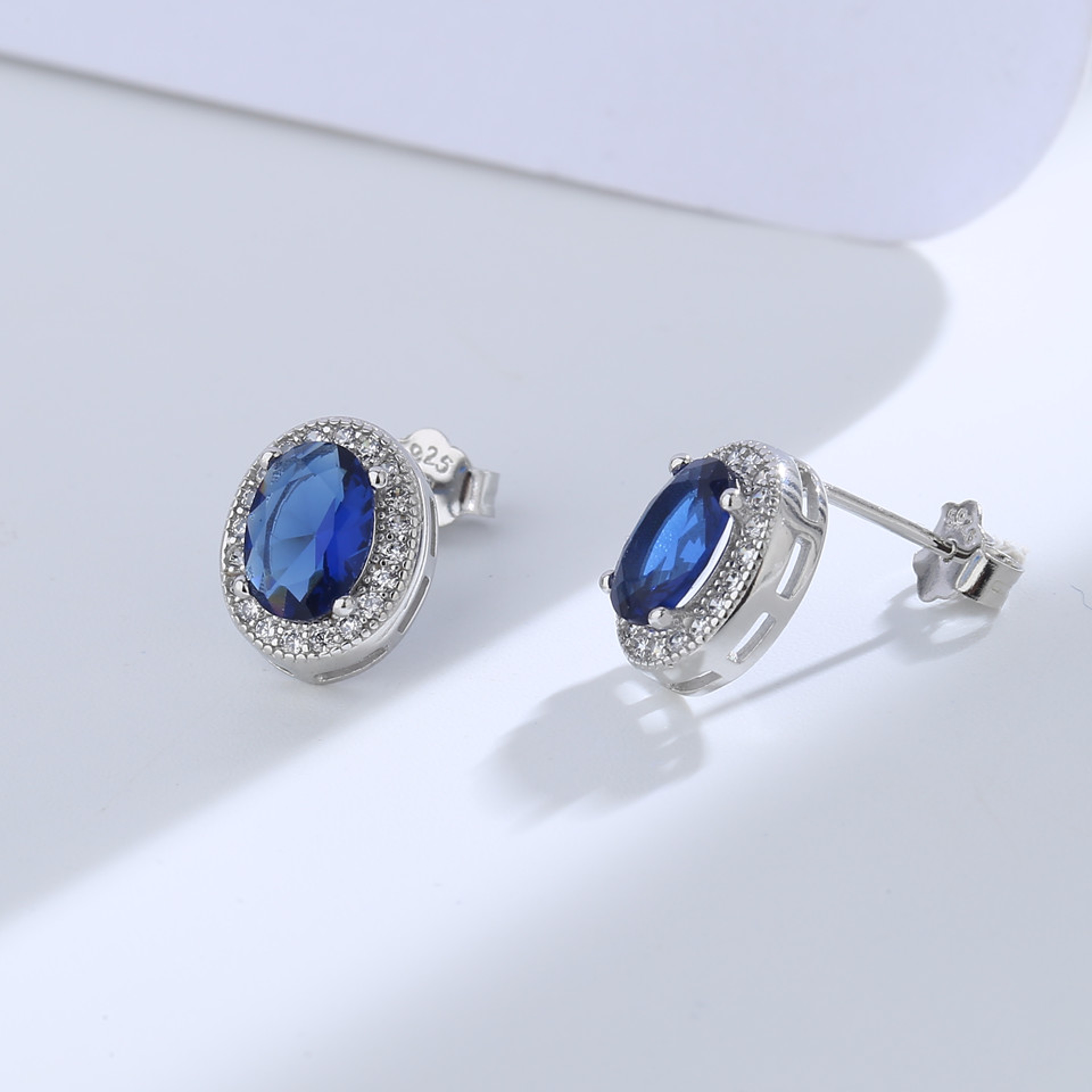 Sterling Silver Blue Crystal Oval Stud Earrings for Women Elegant Wedding Jewelry – view 1
