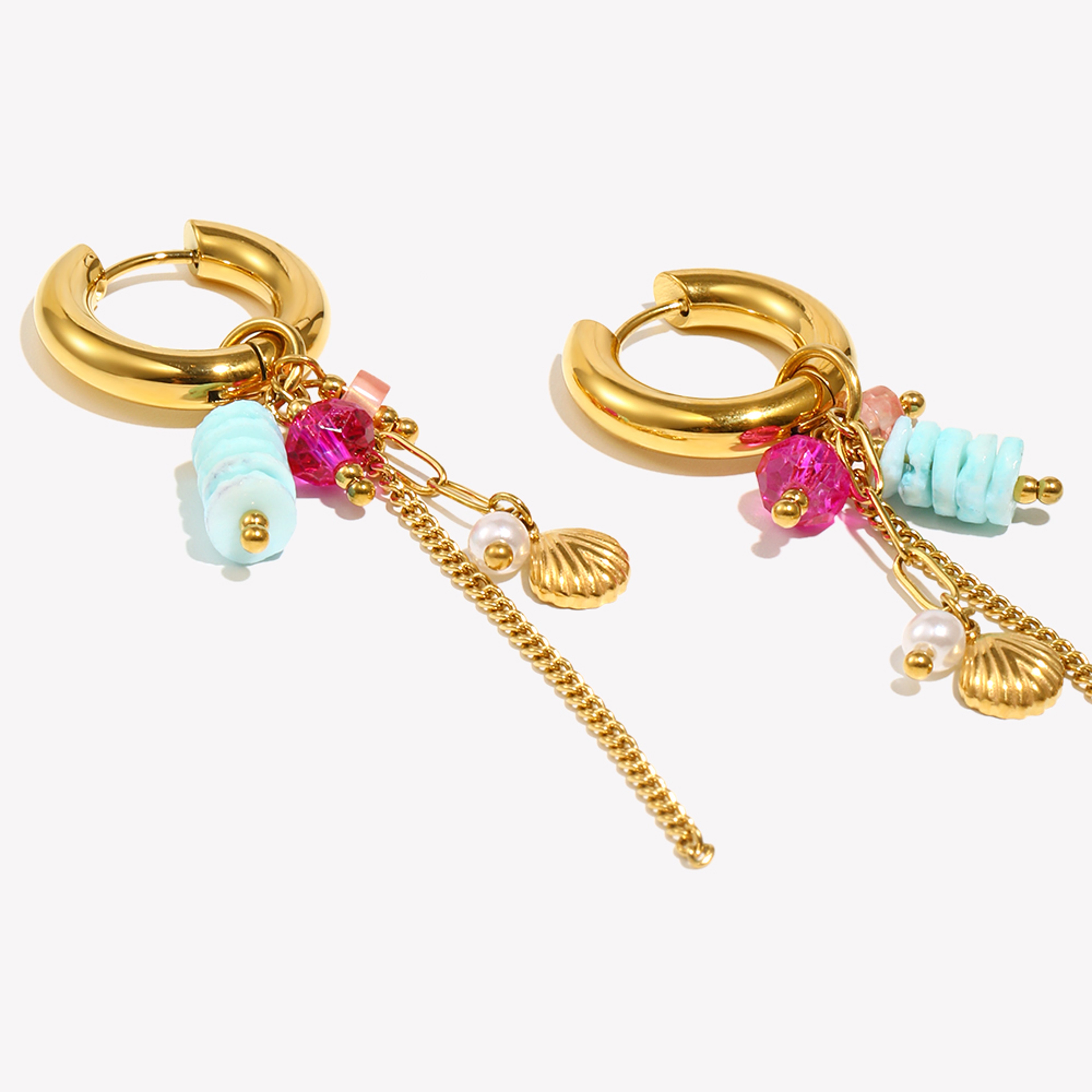 Shell Hoop Earrings With Pearl  Natural Stone Gold Plated Beach Jewelry 1