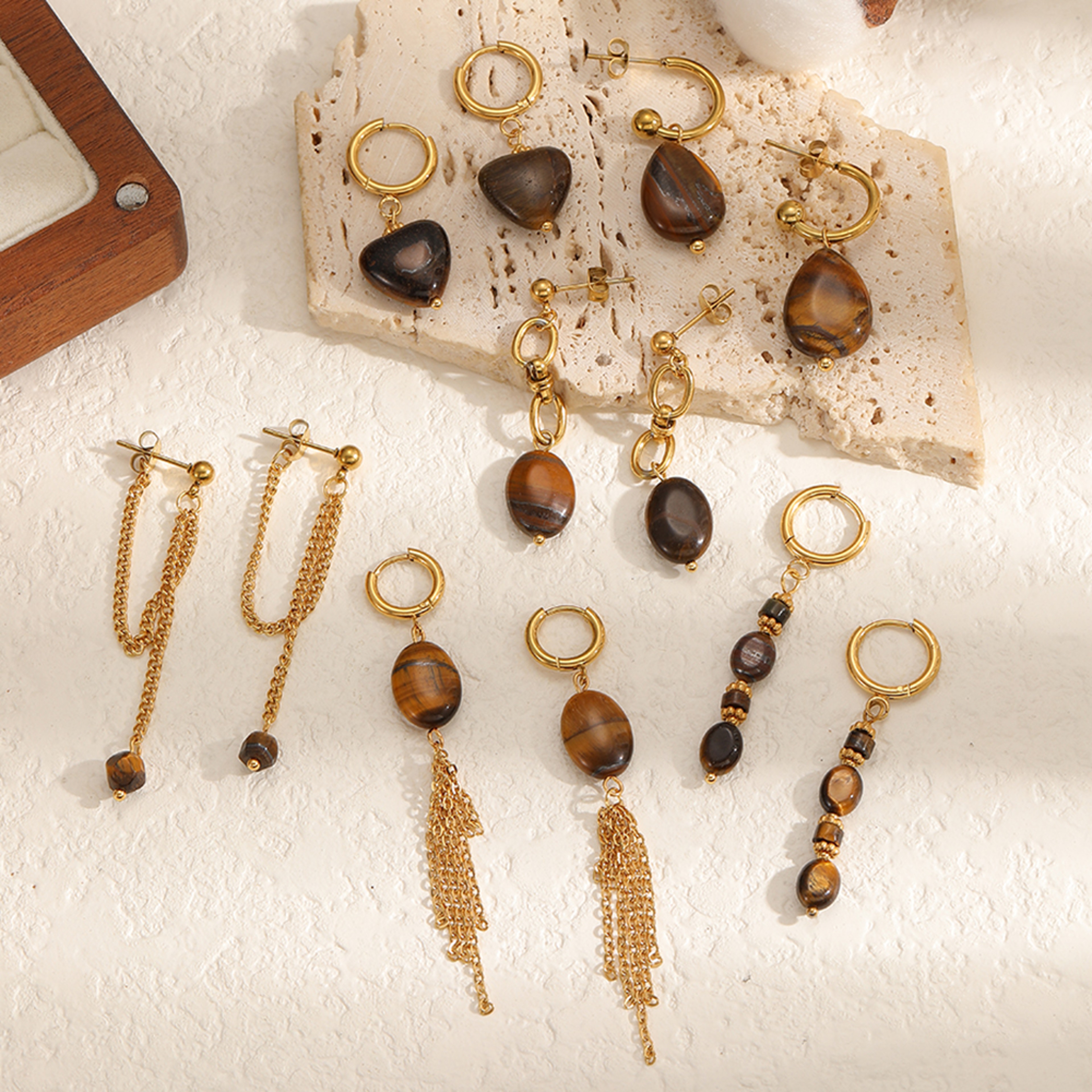 Natural Tiger Eye Earrings In Gold Plated Stainless Steel For Women 1