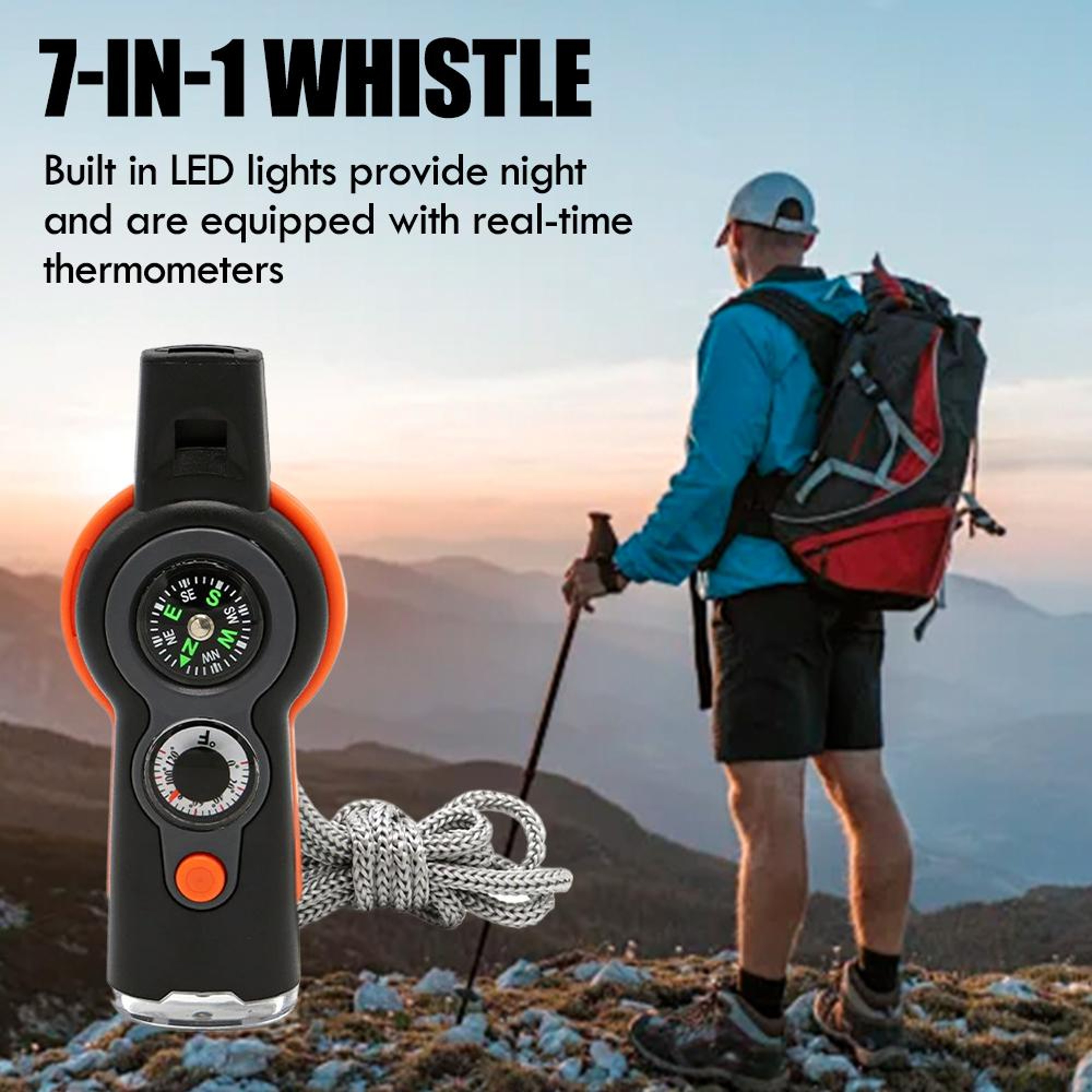 Survival Whistle with Compass, LED Light & Thermometer for Camping and Hiking – view 3