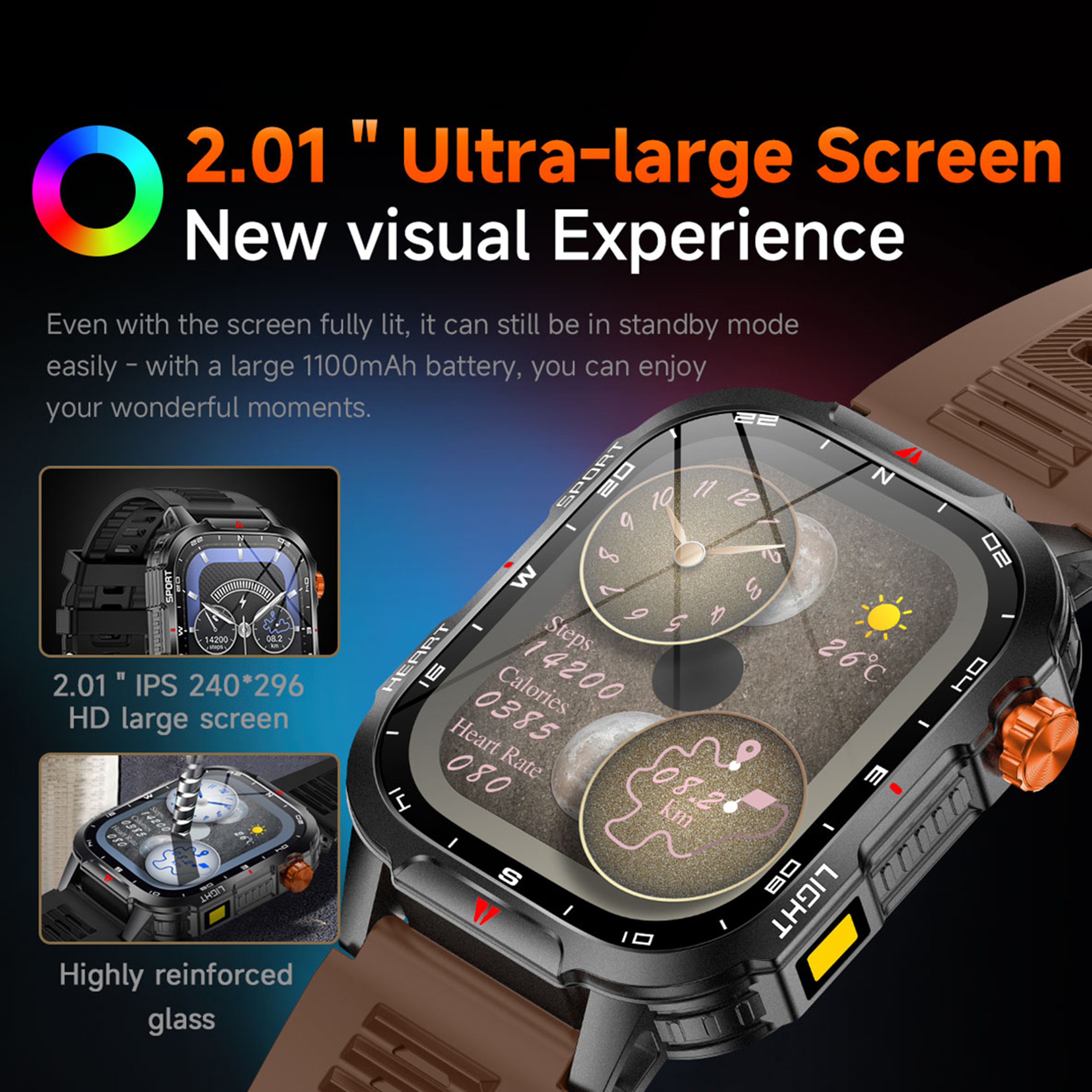 Rugged Outdoor Smartwatch with Bluetooth Calling, Compass, LED Flashlight – view 2