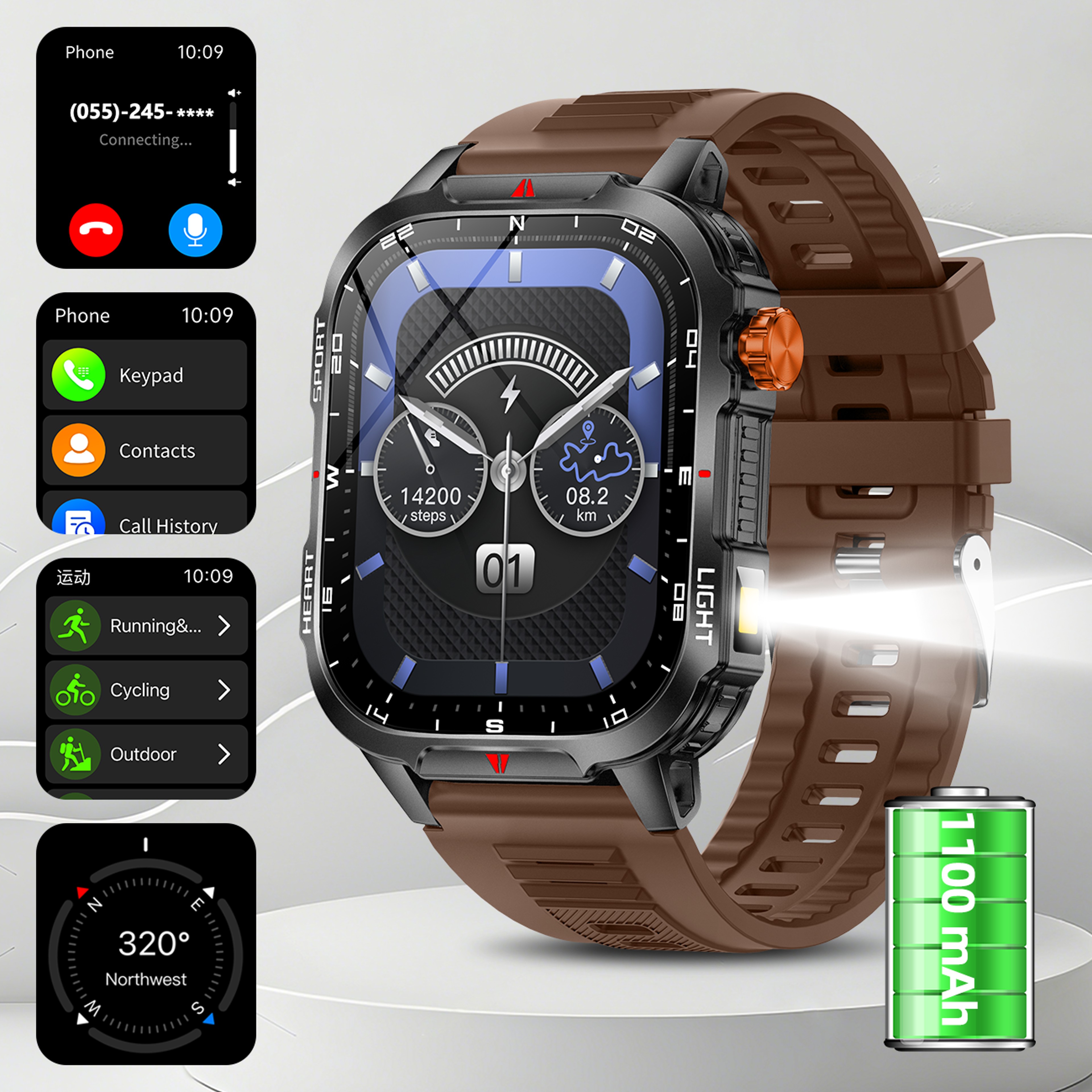 Rugged Outdoor Smartwatch with Bluetooth Calling, Compass, LED Flashlight – view 7
