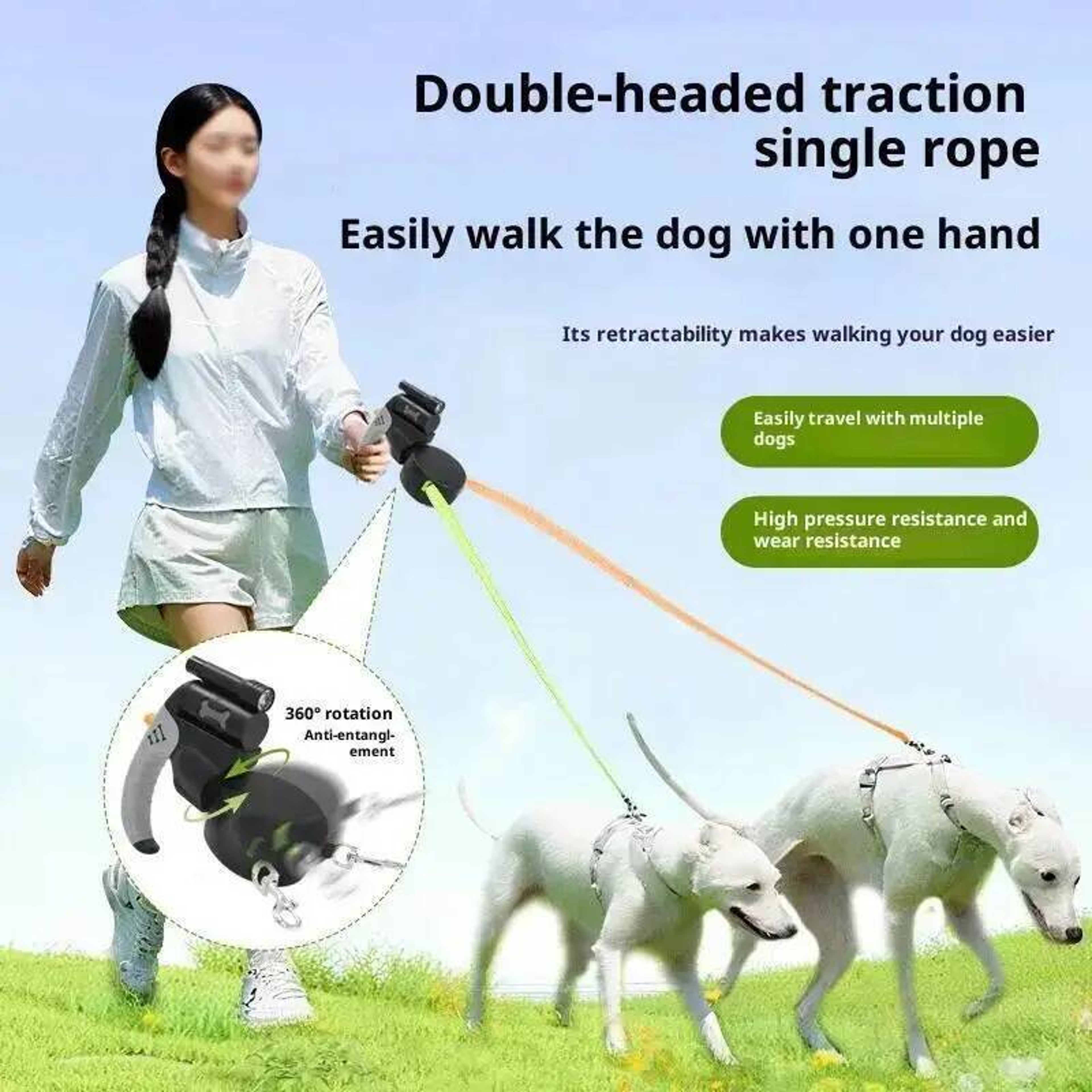 Dual Retractable Dog Leash with LED Flashlight for Dogs Tangle Free Dog Leash – view 4