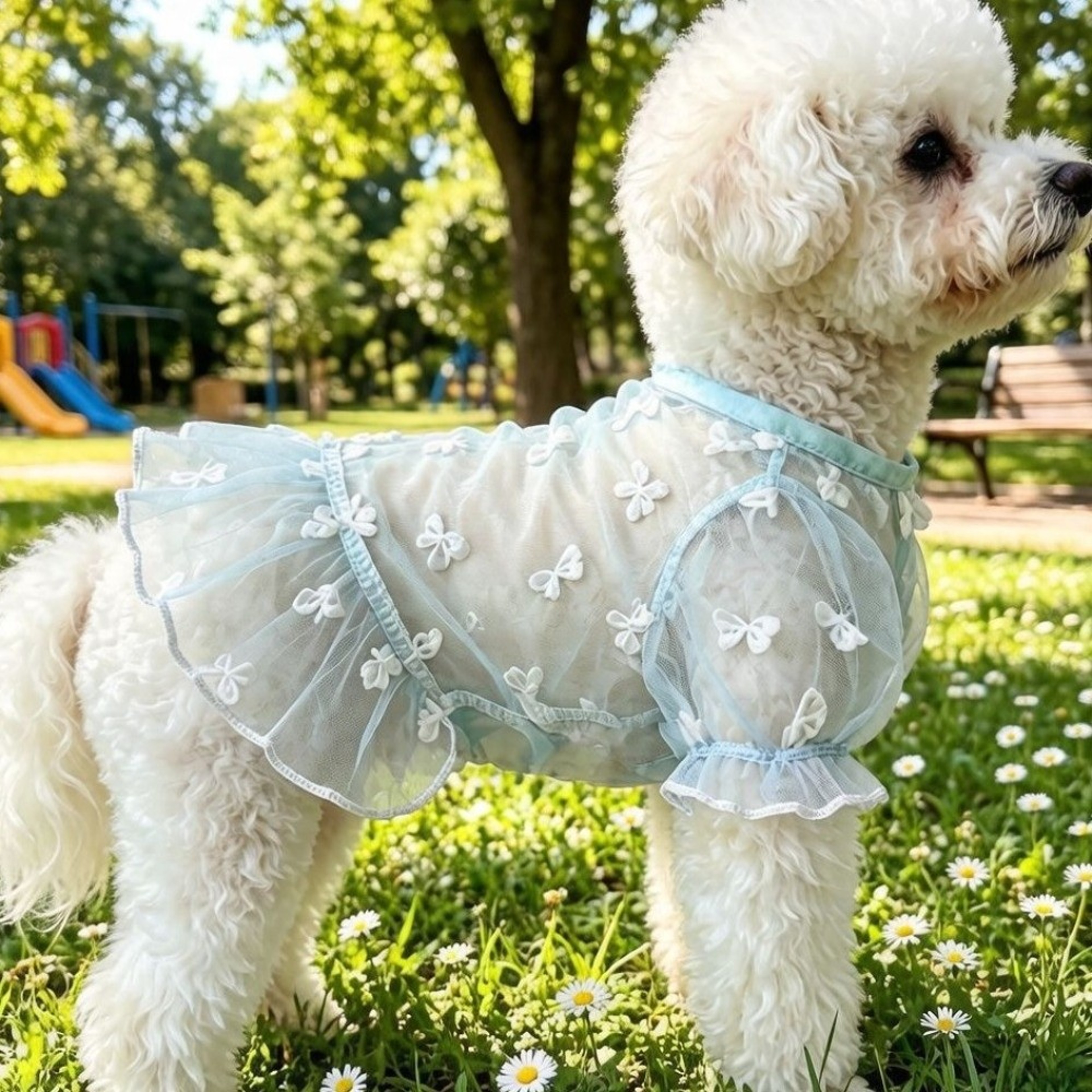 Cute Dog Sun Protection Shirt with Bow Ruffle Mesh Skirt Breathable Summer Dog Clothes for Small Dogs – view 1