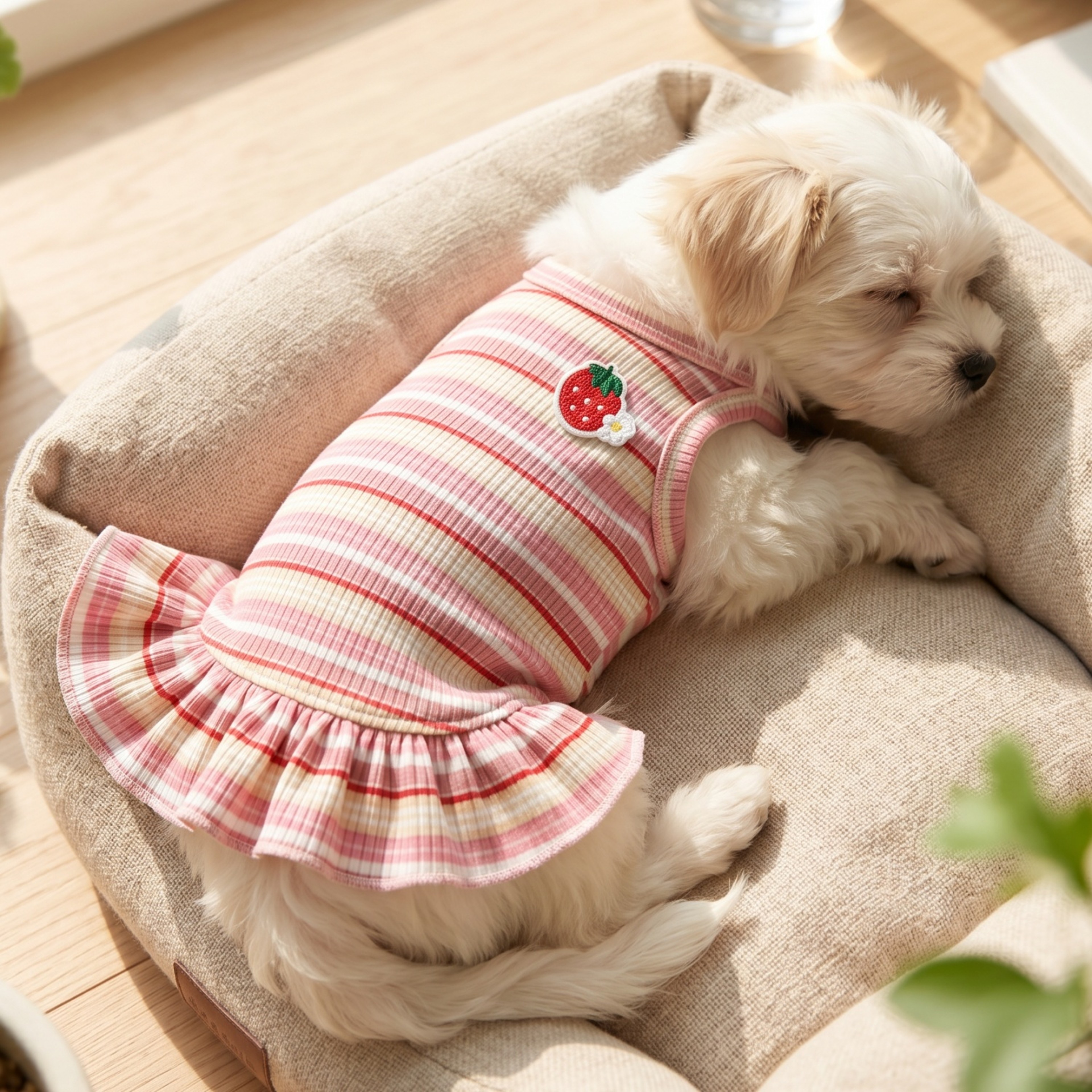 Sweet Dog Princess Dress with Strawberry Print Soft Ribbed Small Dog Dress for Dogs & Cats – view 1