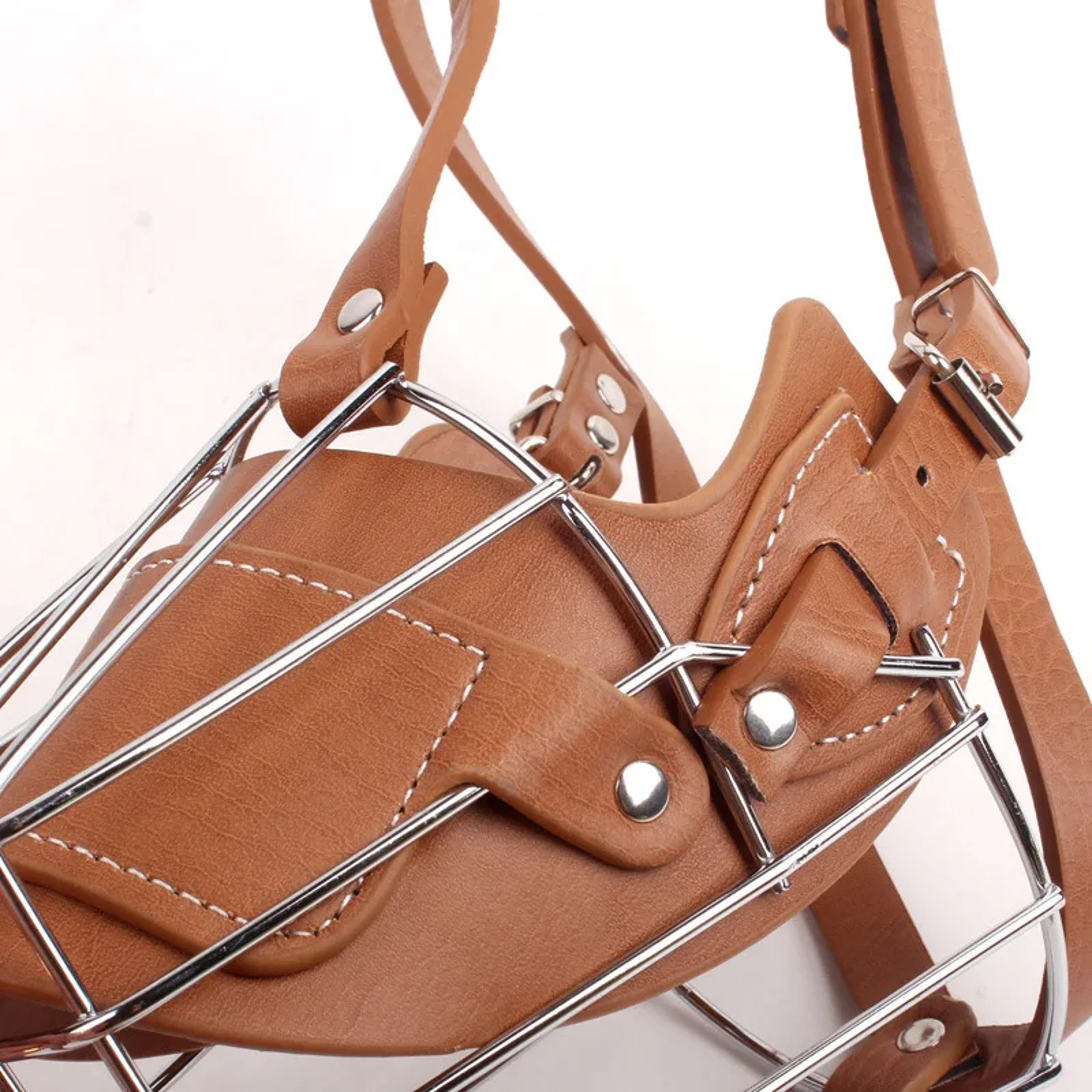 Adjustable Dog Muzzle Breathable Leather Metal Basket Dog Muzzle For Safe Training  Walks 4