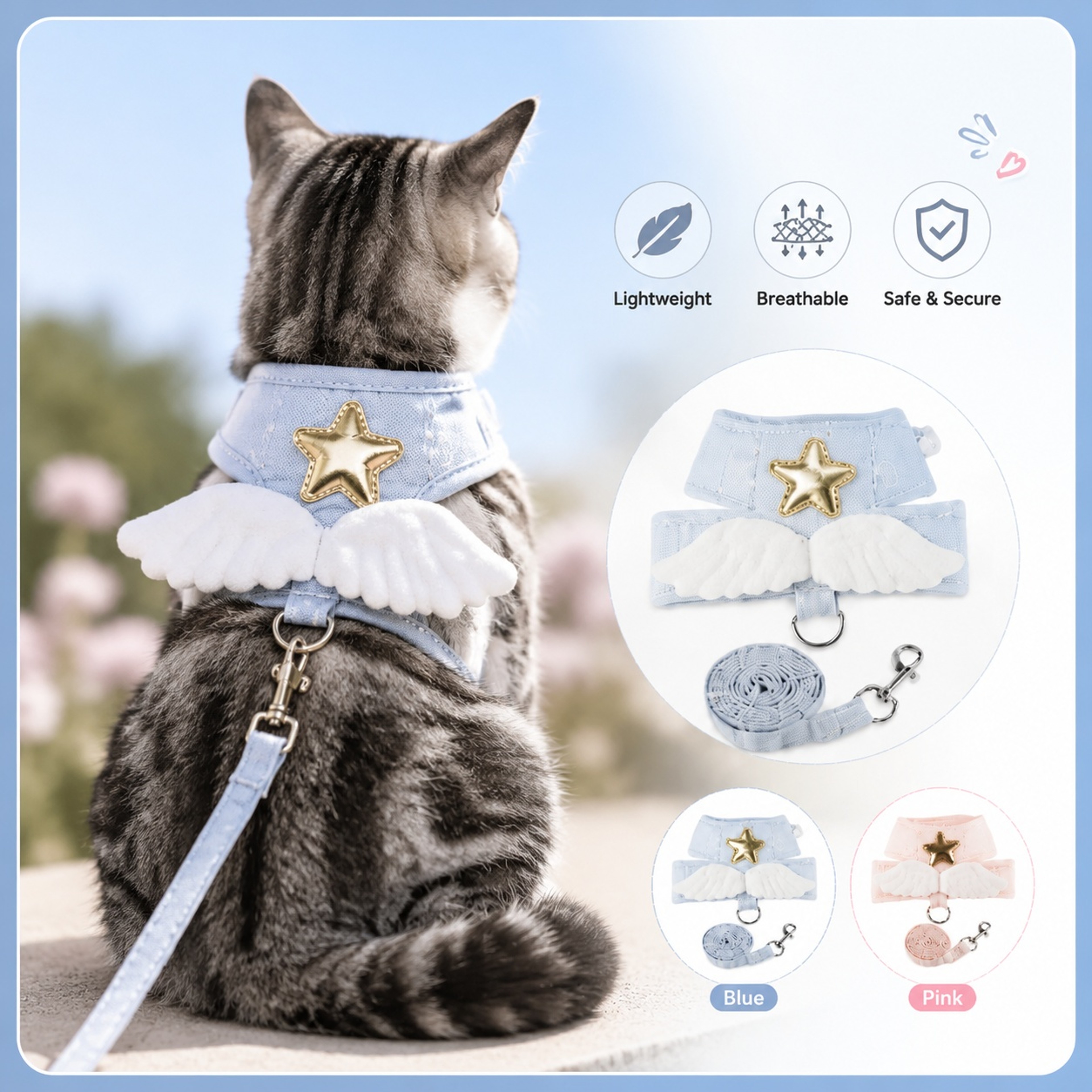 Angel Wing Cat Harness and Leash Set Escape Proof Soft Mesh Kitten Vest for Cats & Small Dogs – view 1