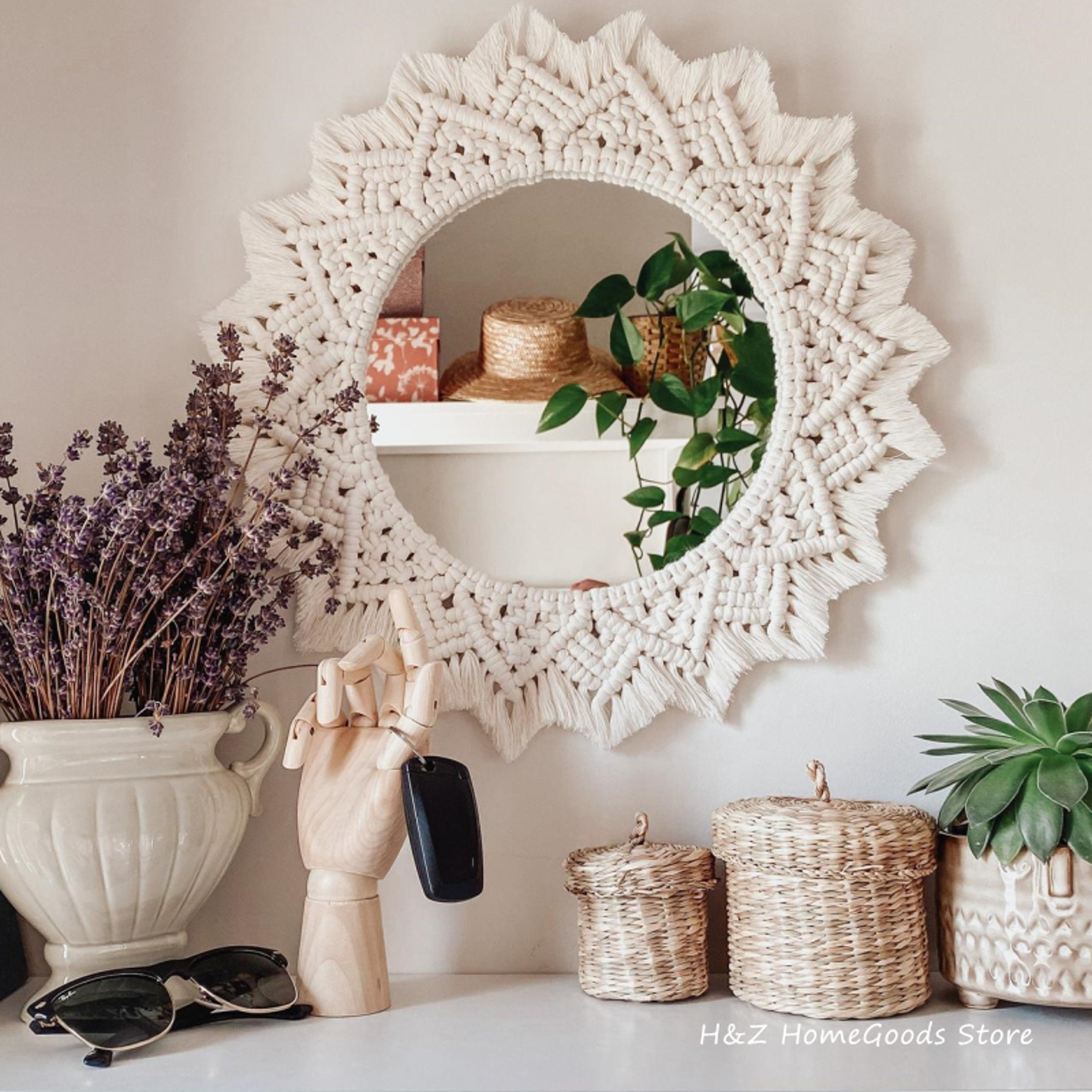 Handmade Wall Mirror with Cotton Macrame Frame Round Bohemian Home Decor – view 1