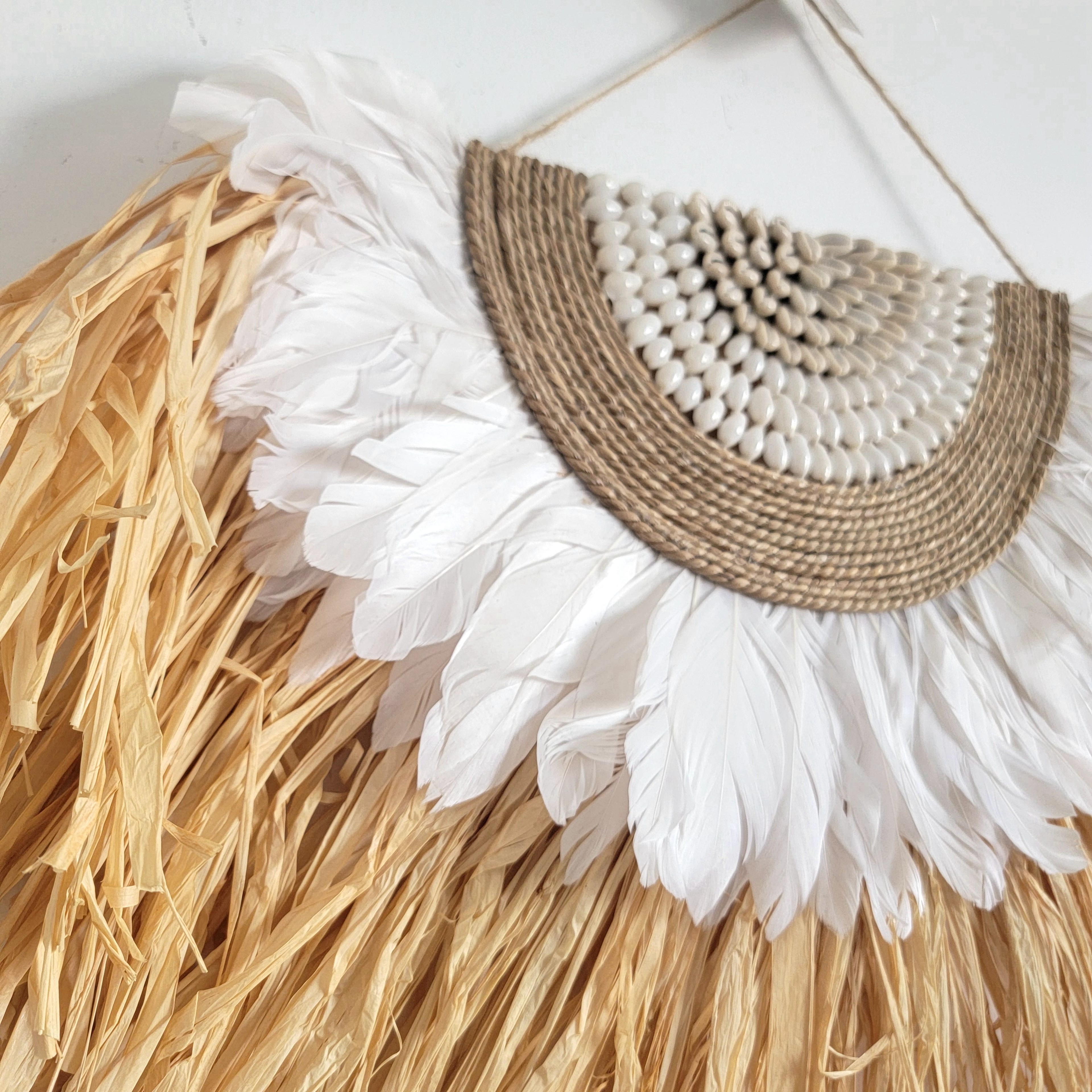 Boho Raffia Wall Decor Handmade Natural Fiber Feather Wall Hanging Art – view 3