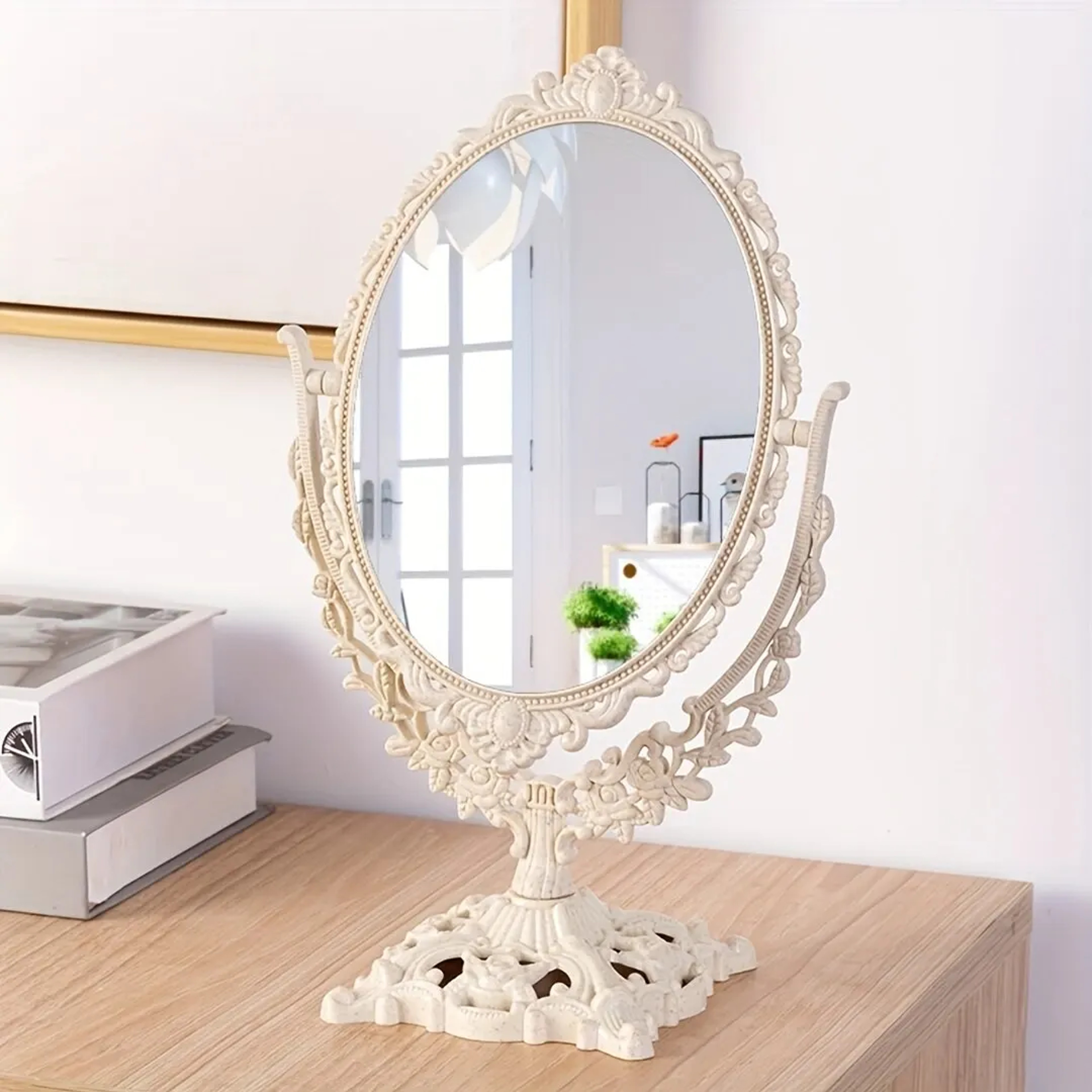 Vintage Desktop Makeup Mirror with Double-Sided 360° Rotating Vanity Design – view 1