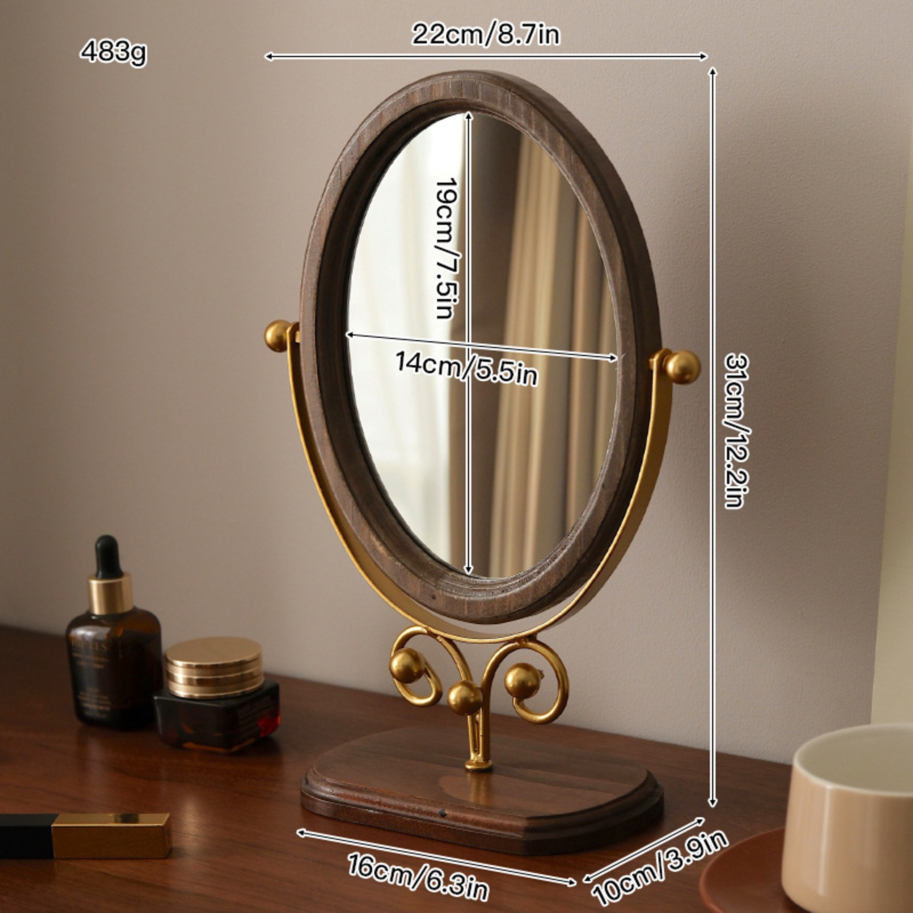 Retro Vanity Makeup Mirror with Adjustable Rotating Stand HD Oval Tabletop Makeup Mirror – view 8