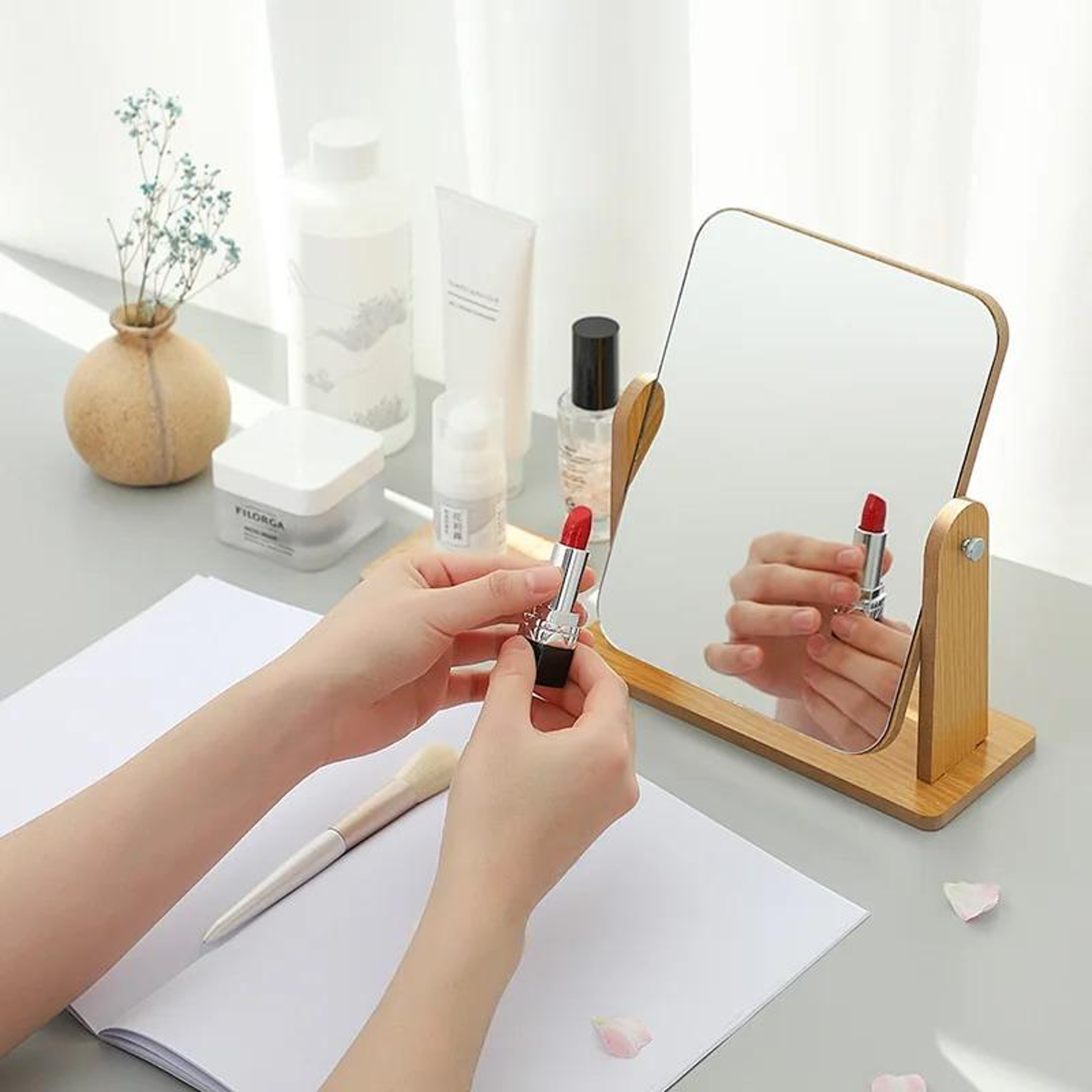 Wooden Vanity Mirror with Adjustable Stand HD Desktop Makeup Mirror for Bedroom Bathroom – view 5
