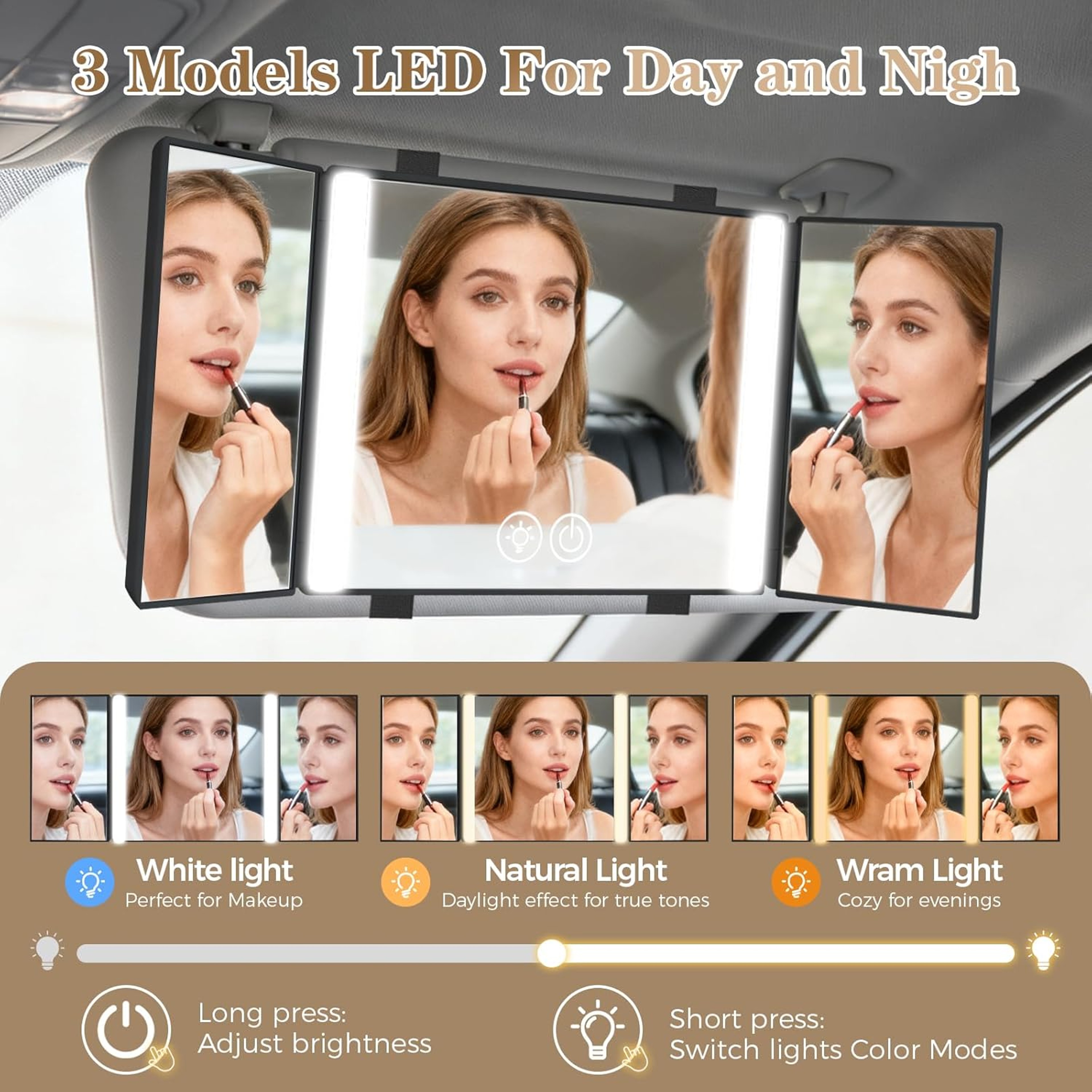 LED Car Vanity Mirror with Light Modes Rechargeable Sun Visor Makeup Mirror for Cars & Trucks – view 3