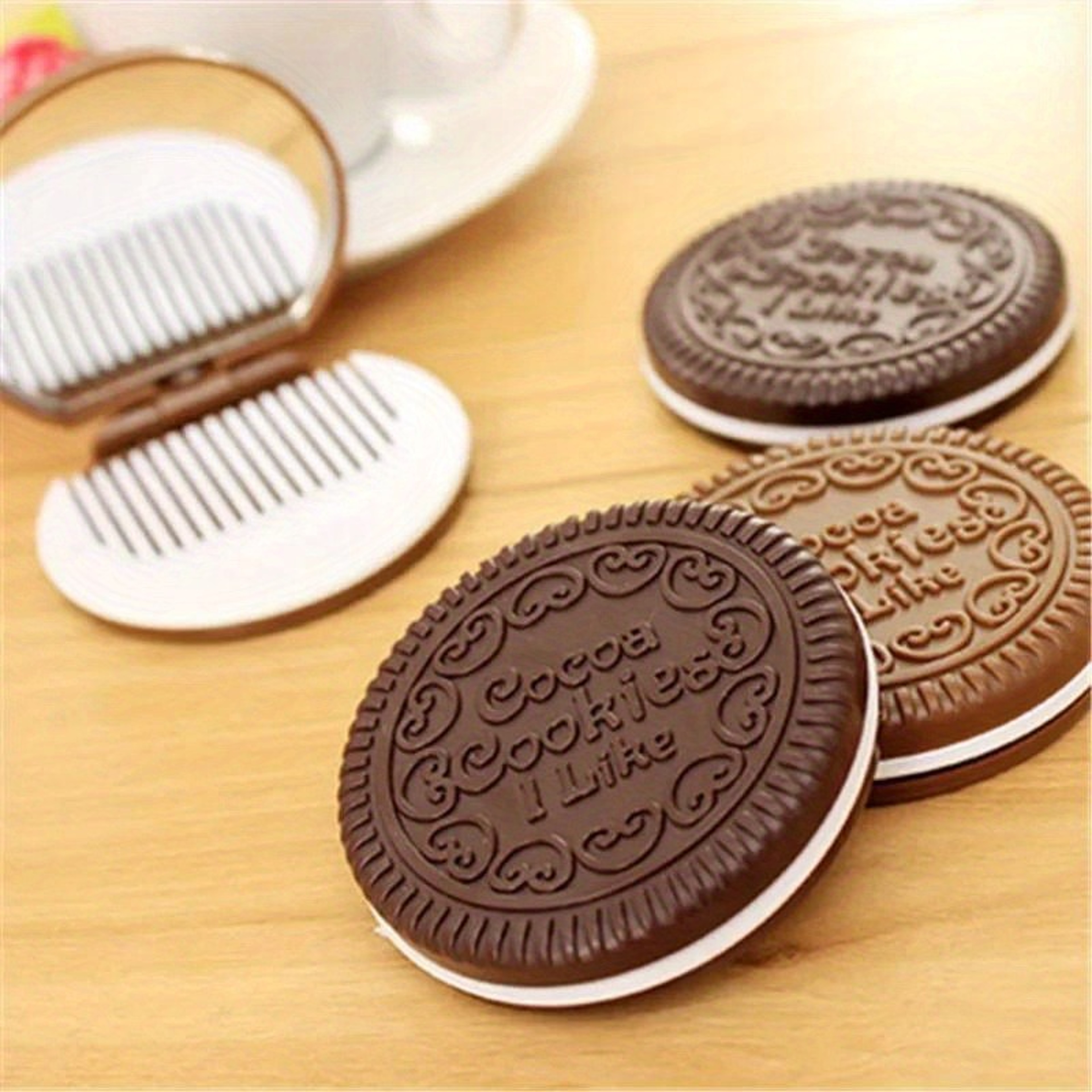 Chocolate Biscuit Pocket Makeup Mirror with Comb Cute Folding Compact Mirror for Travel & Daily Touch Ups – view 1