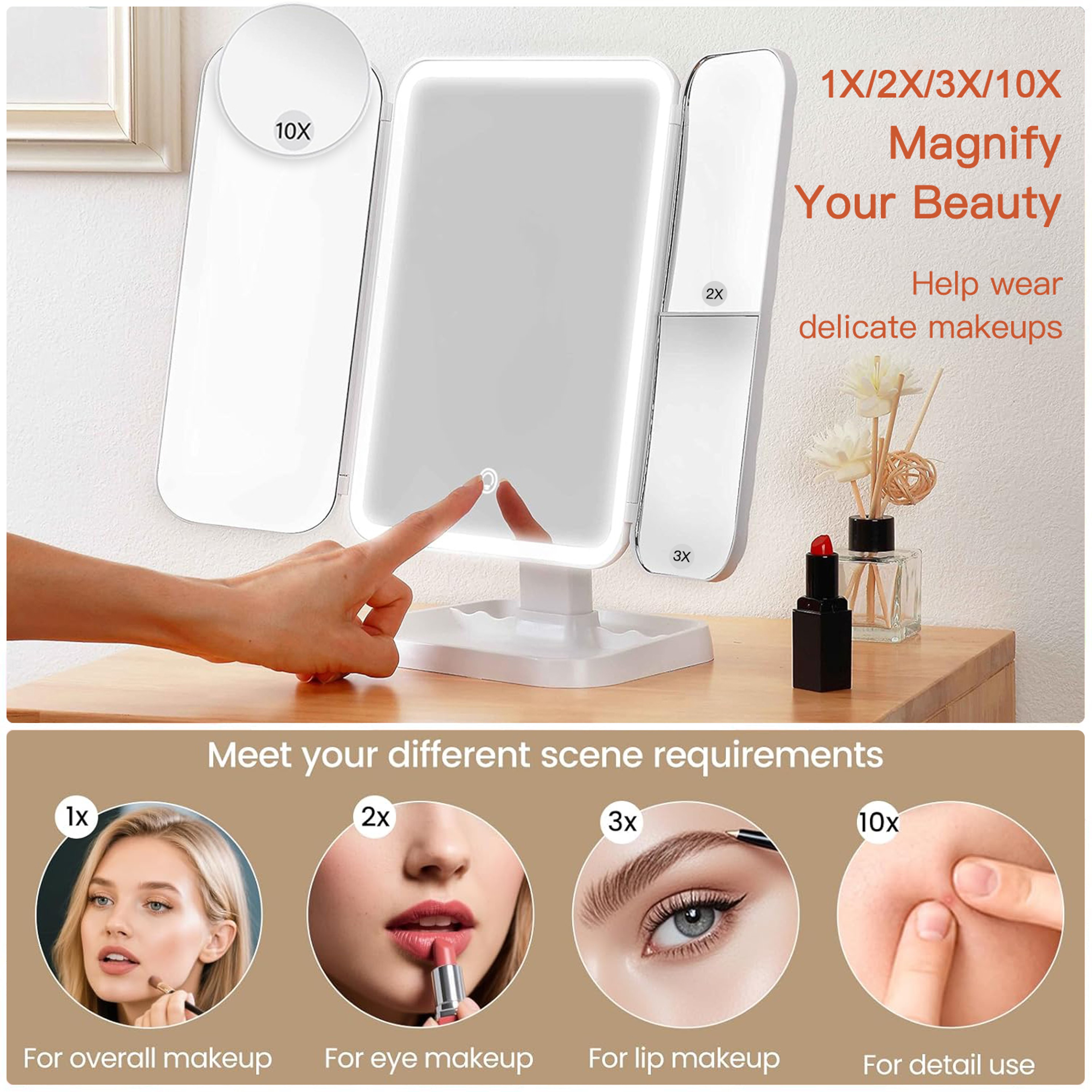 Smart LED Makeup Mirror with Lights Trifold Touch Control Vanity Mirror for Makeup & Travel – view 3