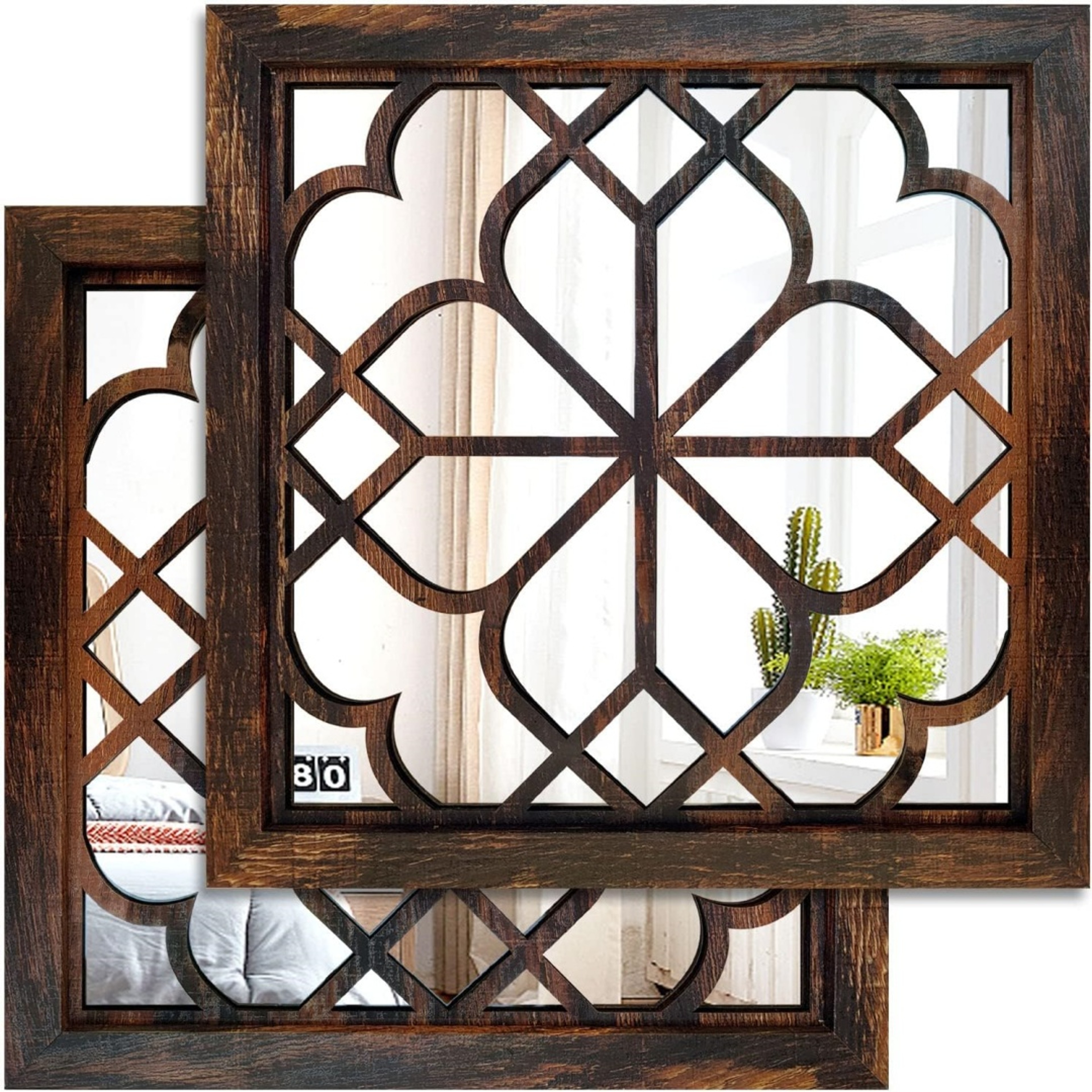 Rustic Wood Framed Acrylic Wall Mirror Set of 2 for Entryway, Bathroom & Bedroom Decor – view 8