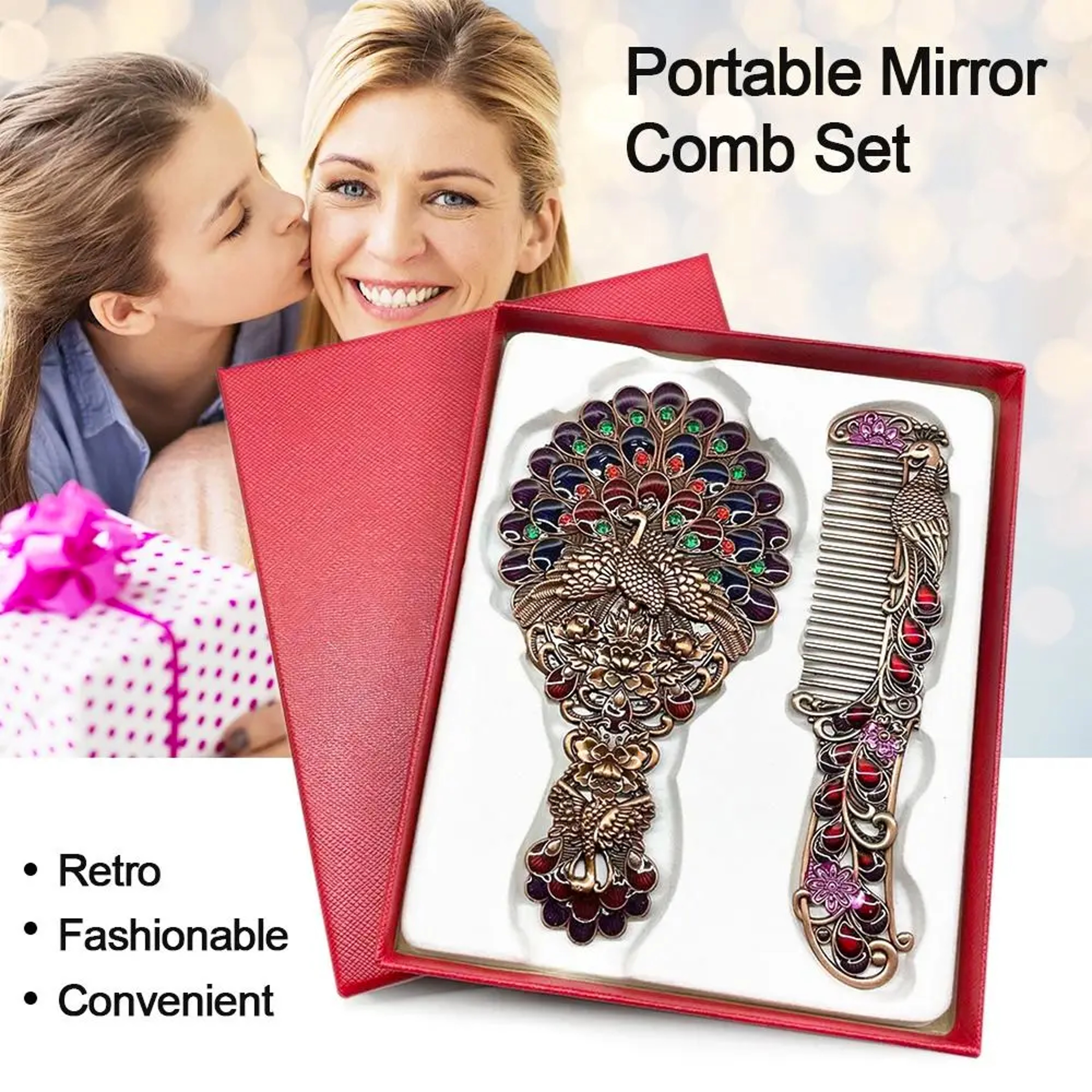 Vintage Handheld Mirror & Peacock Mirror and Comb Set Portable Makeup Gift – view 6