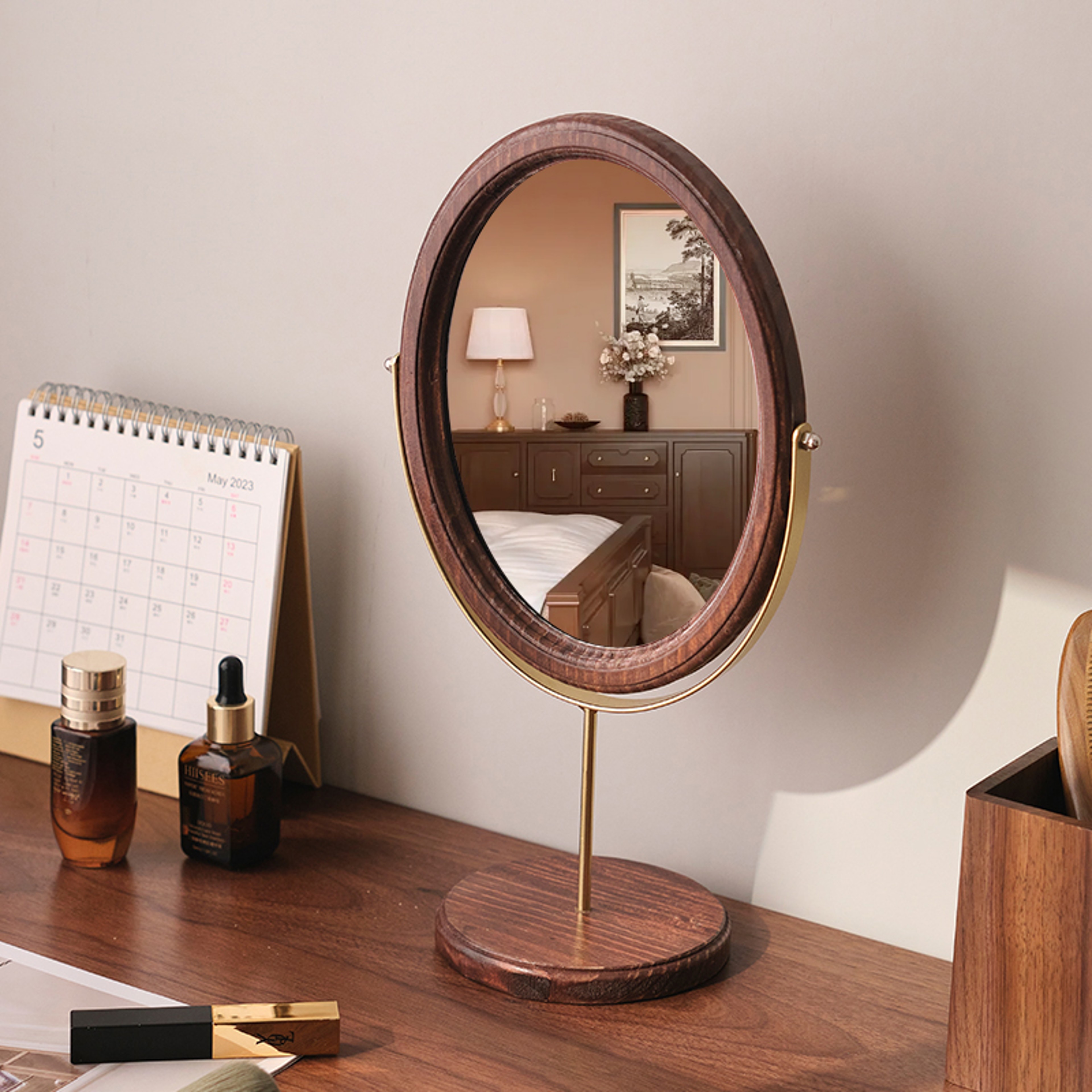Retro Vanity Mirror Desktop Oval Makeup Mirror for Bedroom, Dorm & Dressing Table – view 1